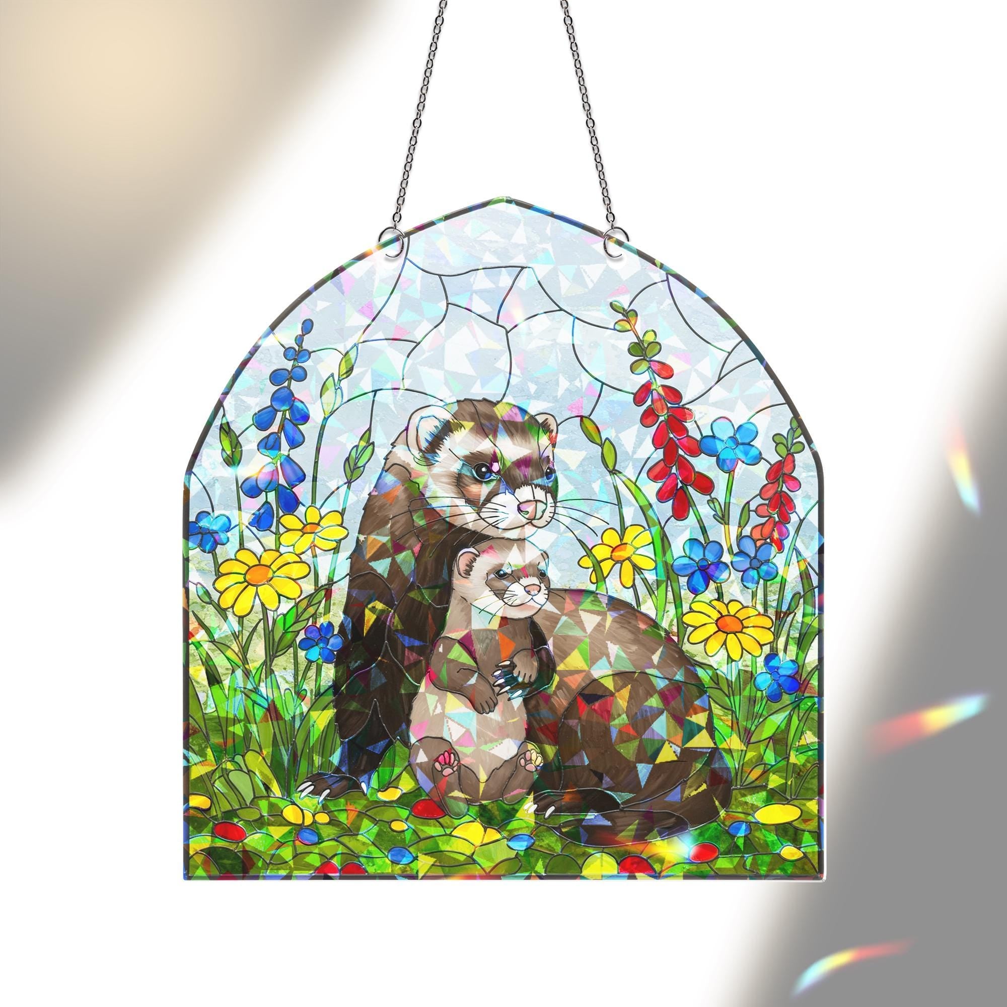 Ferret Mom Suncatcher – Holographic Acrylic Window Decor – Cute Mother's Day Gift for Animal Lover Mom – Ferret and Baby Ornament