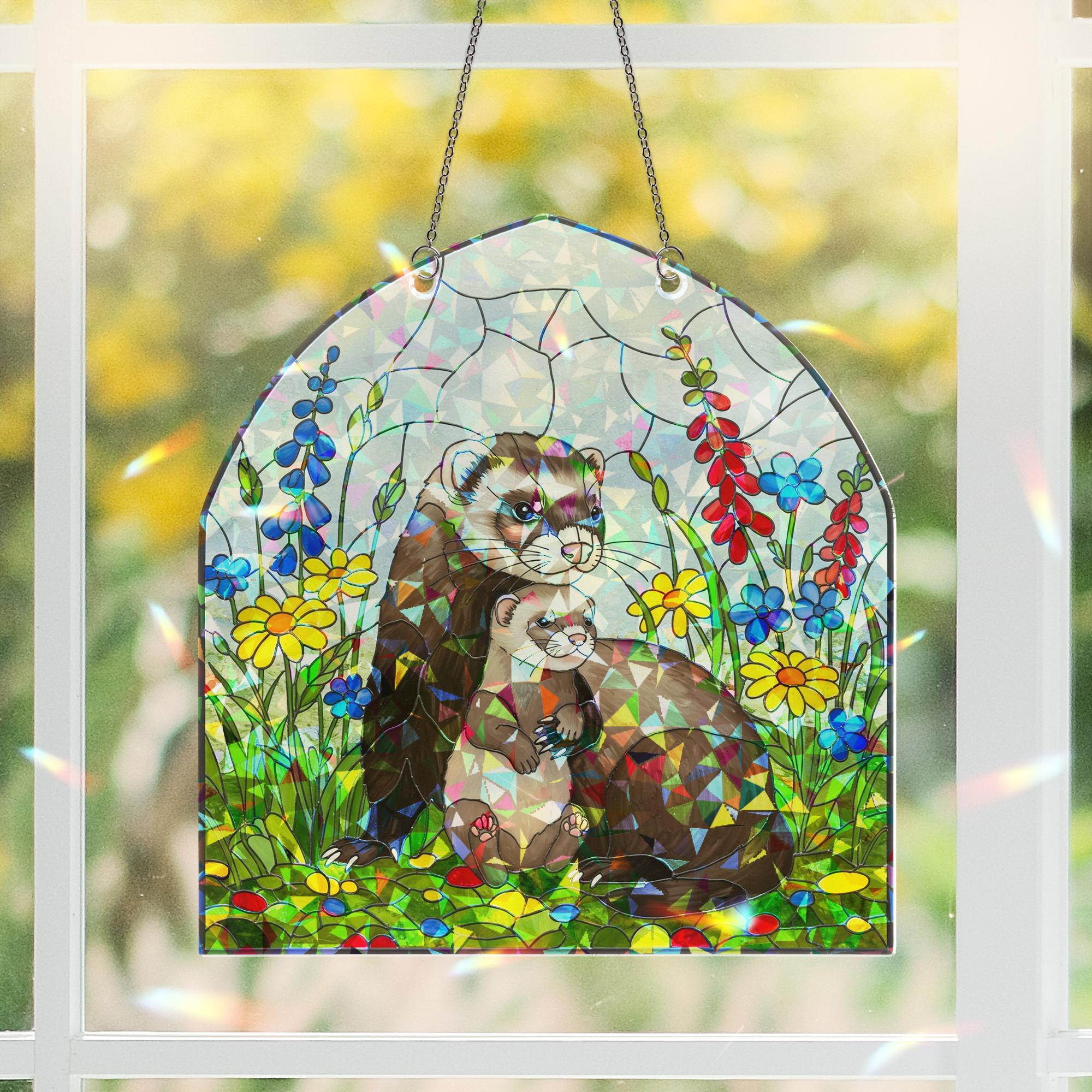 Ferret Mom Suncatcher – Holographic Acrylic Window Decor – Cute Mother's Day Gift for Animal Lover Mom – Ferret and Baby Ornament