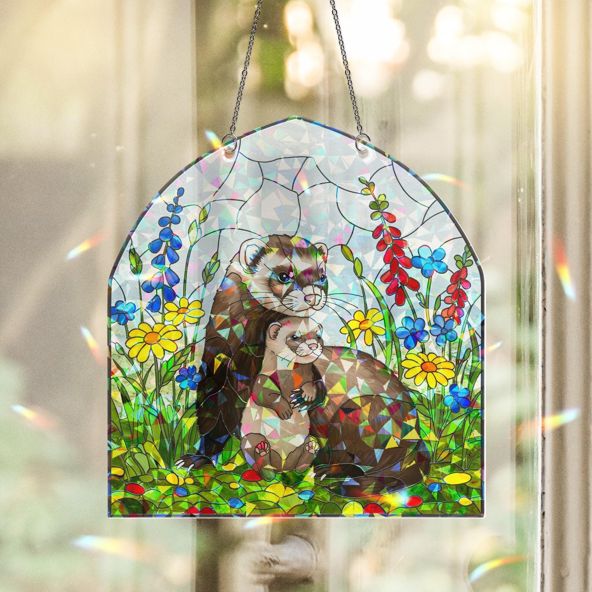 Ferret Mom Suncatcher – Holographic Acrylic Window Decor – Cute Mother's Day Gift for Animal Lover Mom – Ferret and Baby Ornament