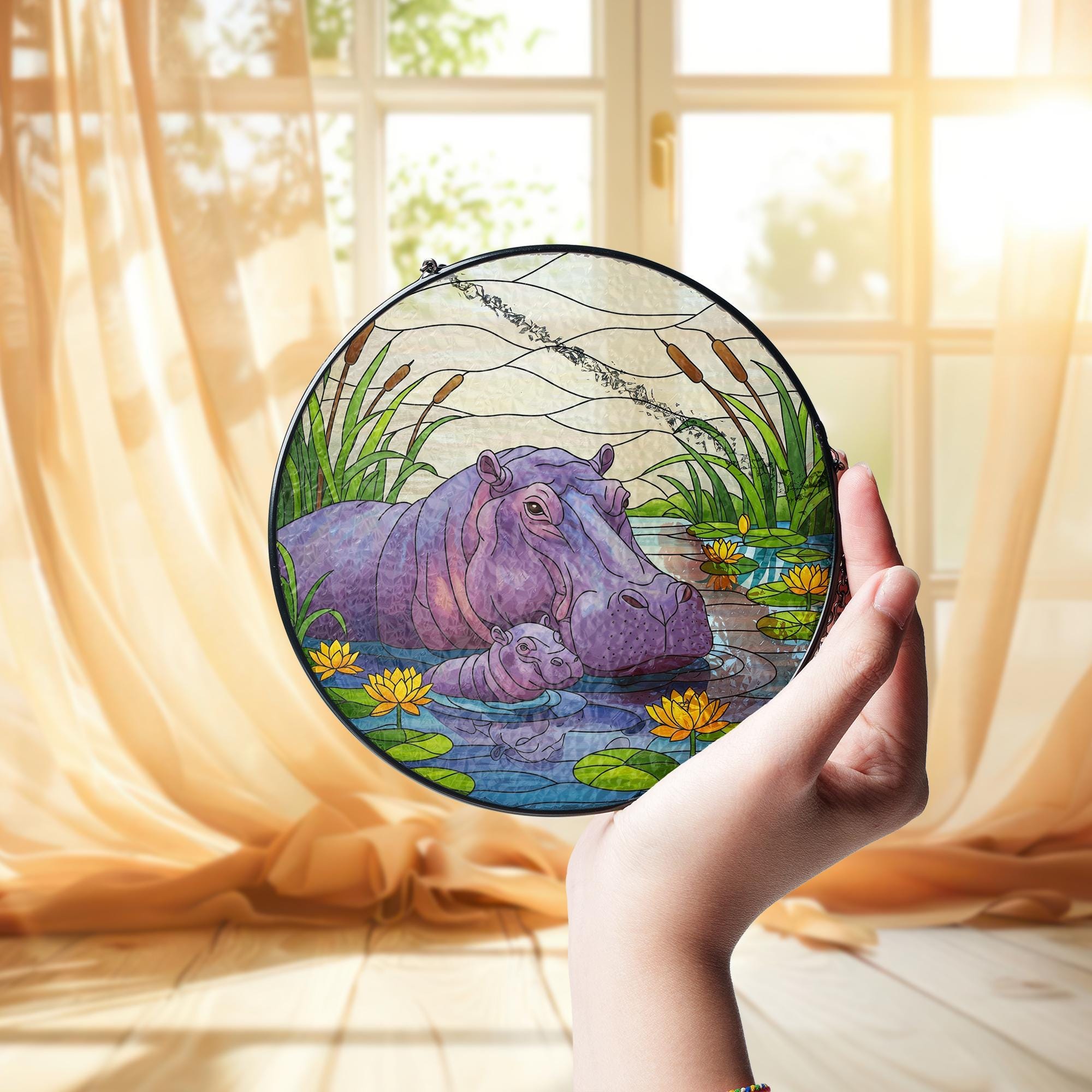Hippo Glass Suncatcher, Mother and Baby Hippo in Pond, Jungle Animal Window Art, Wildlife Glass Decor, Nature Lover Gift, Mother's Day Gift