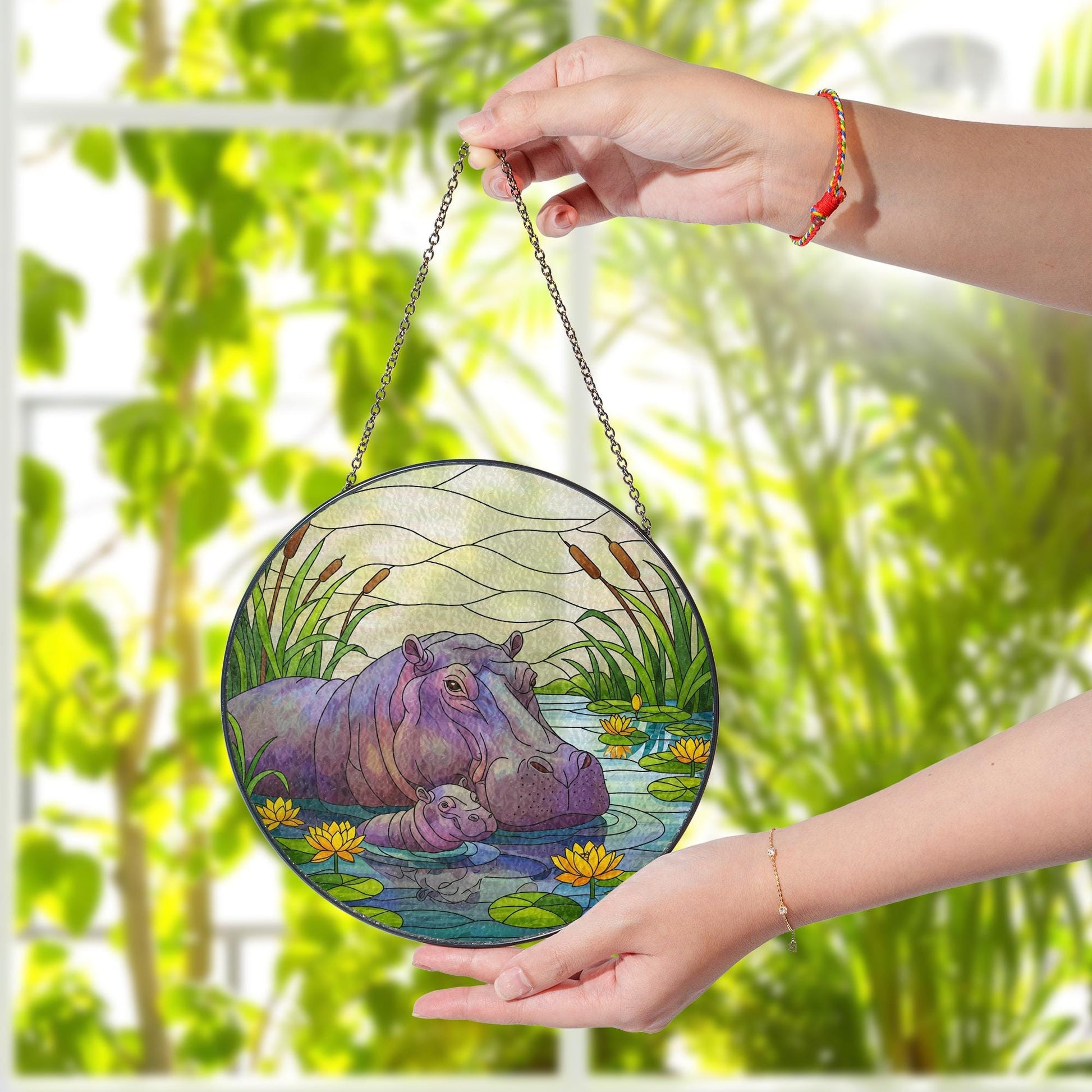 Hippo Glass Suncatcher, Mother and Baby Hippo in Pond, Jungle Animal Window Art, Wildlife Glass Decor, Nature Lover Gift, Mother's Day Gift