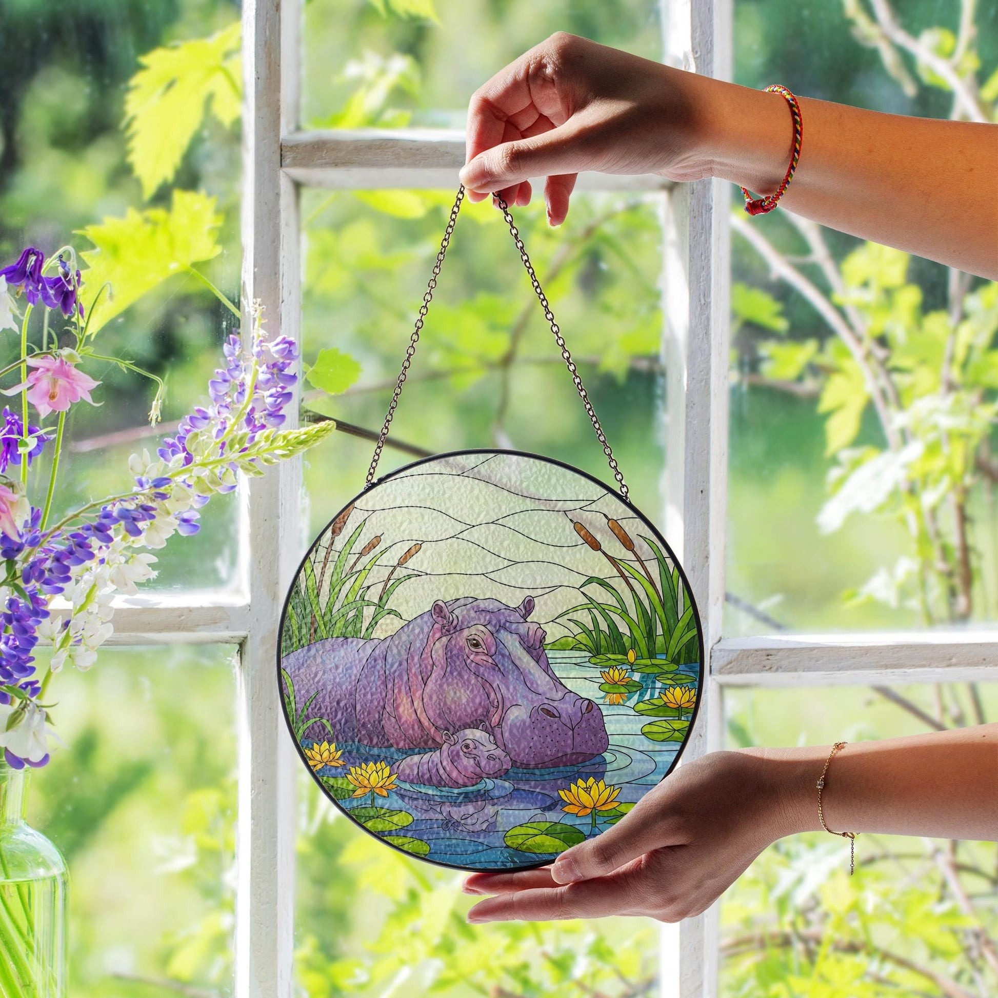 Hippo Glass Suncatcher, Mother and Baby Hippo in Pond, Jungle Animal Window Art, Wildlife Glass Decor, Nature Lover Gift, Mother's Day Gift