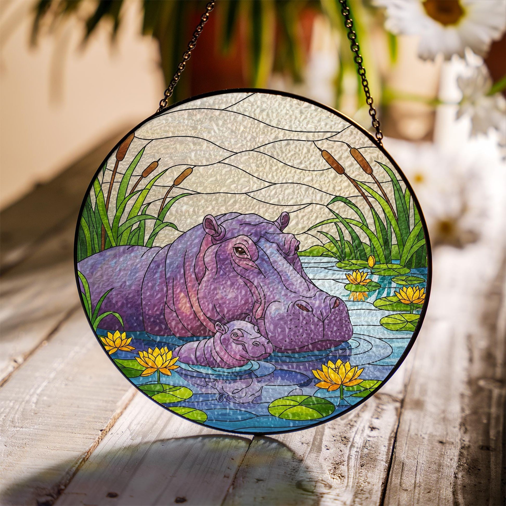 Hippo Glass Suncatcher, Mother and Baby Hippo in Pond, Jungle Animal Window Art, Wildlife Glass Decor, Nature Lover Gift, Mother's Day Gift