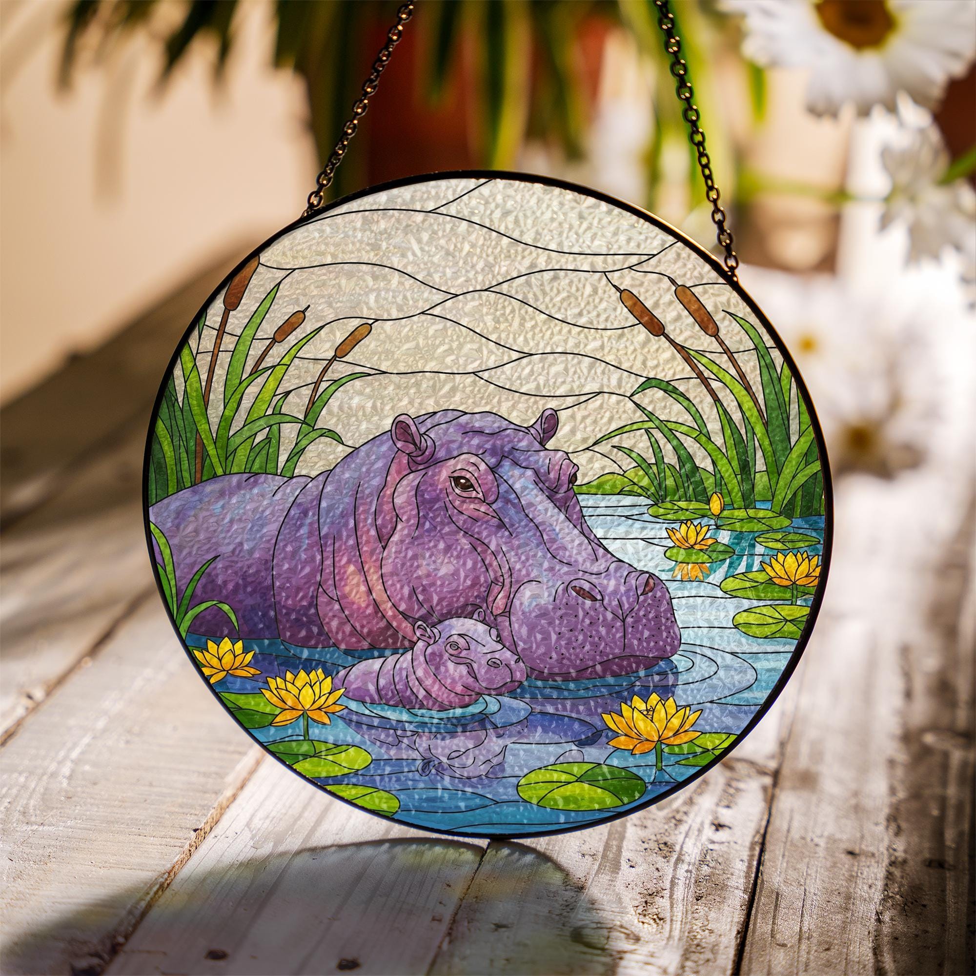 Hippo Glass Suncatcher, Mother and Baby Hippo in Pond, Jungle Animal Window Art, Wildlife Glass Decor, Nature Lover Gift, Mother's Day Gift