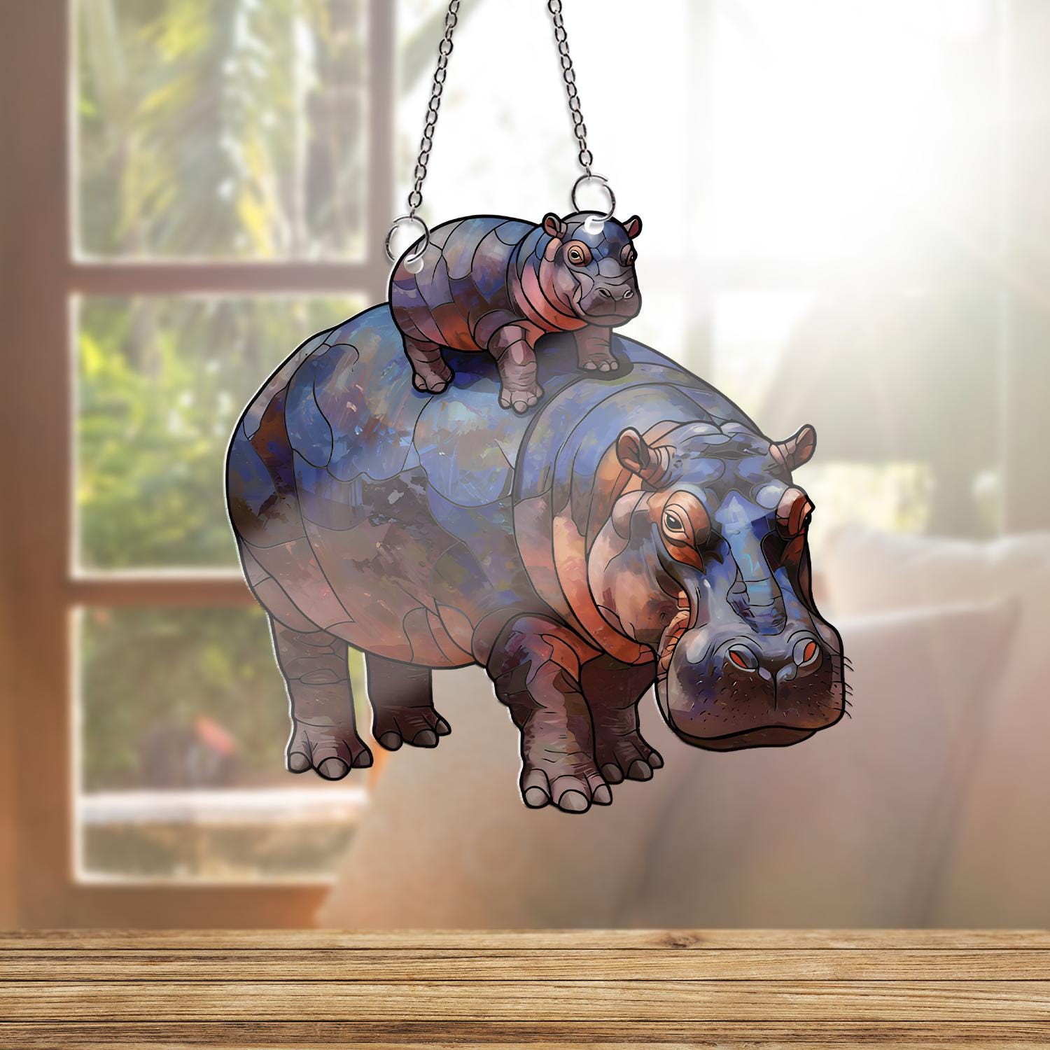 Hippo Mom with Baby Acrylic Window Hanging, Mother's Day Gift, Cute Animal Suncatcher, Wildlife Decor, Protective Mom Gift, Hippo Lover Gift