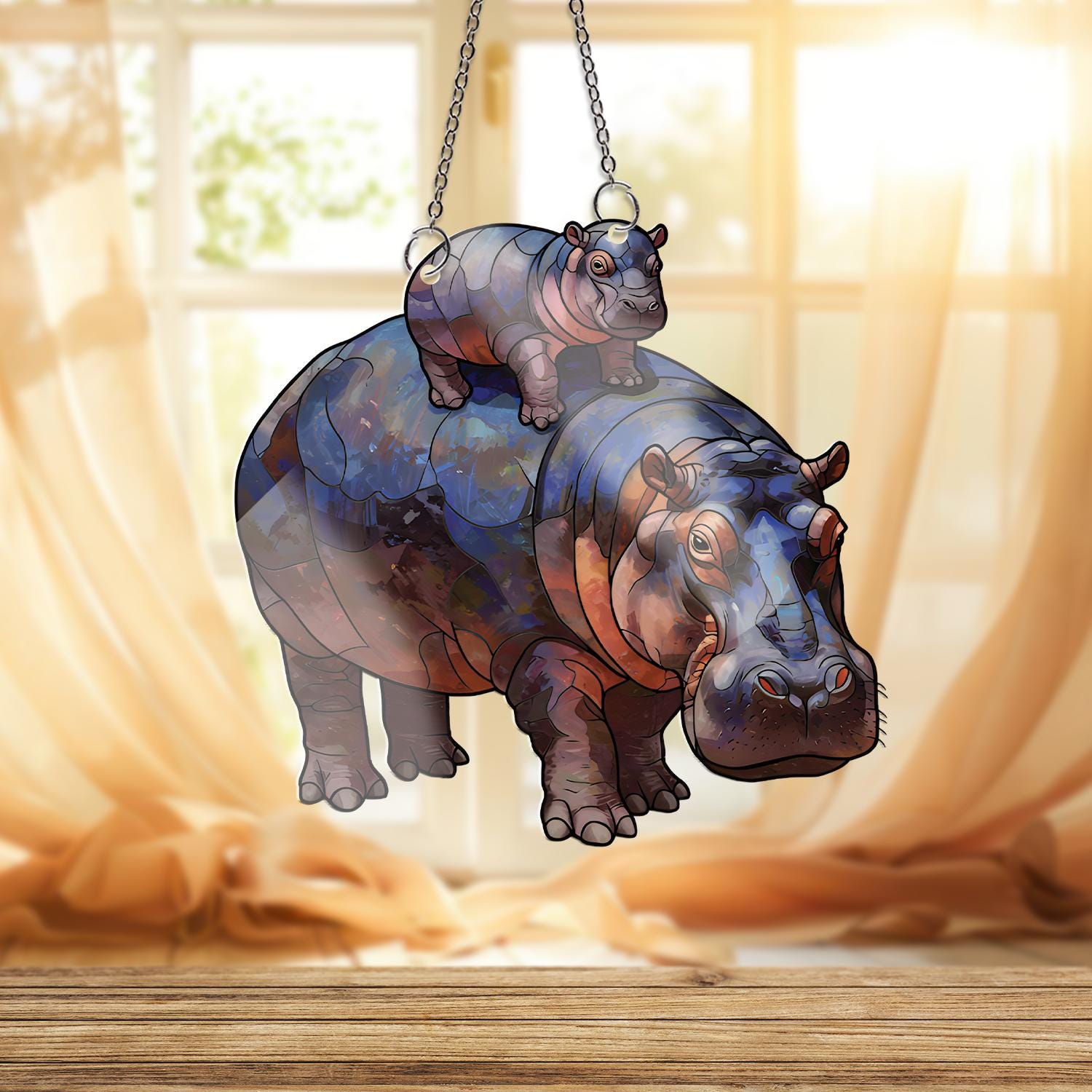 Hippo Mom with Baby Acrylic Window Hanging, Mother's Day Gift, Cute Animal Suncatcher, Wildlife Decor, Protective Mom Gift, Hippo Lover Gift