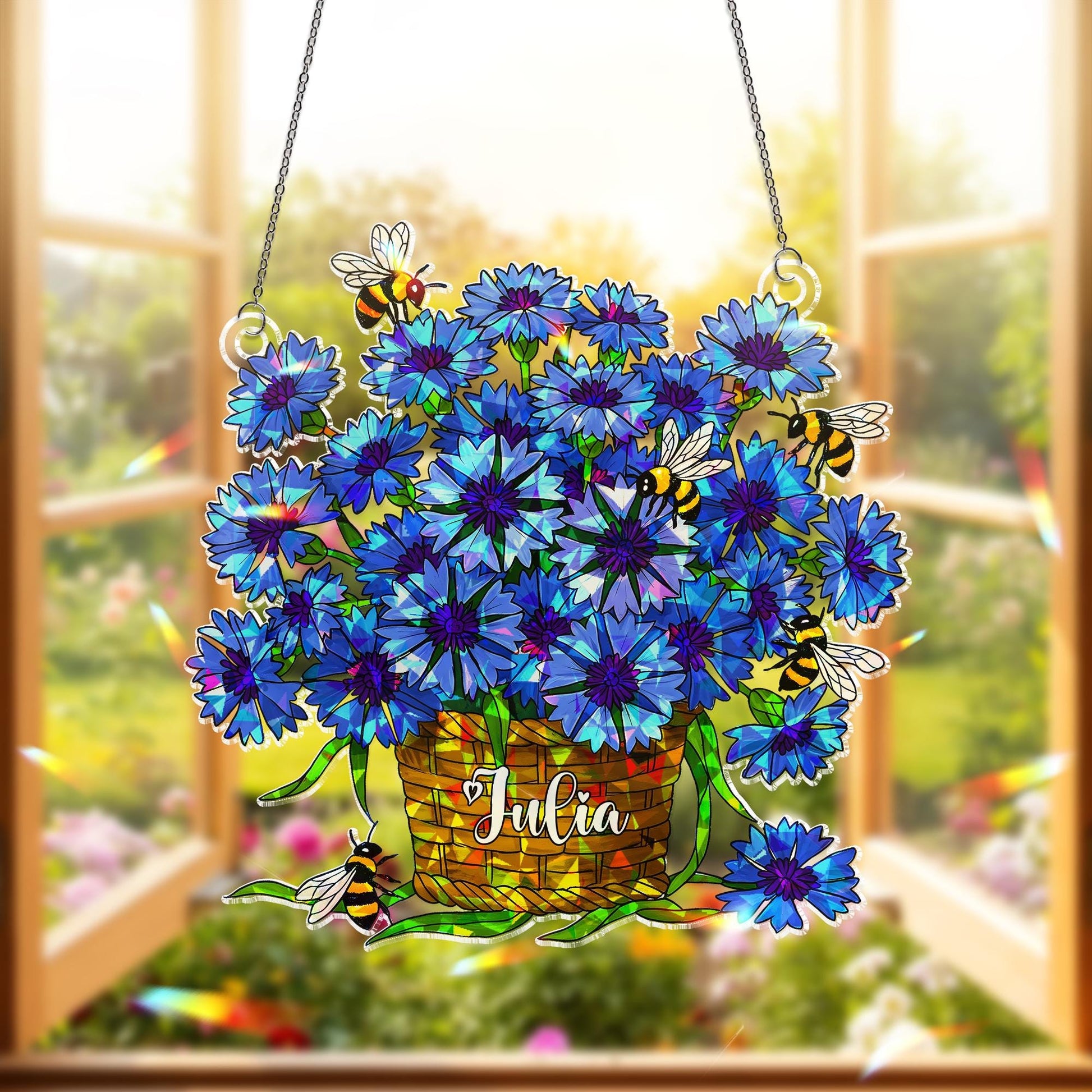 Personalized Cornflower & Bee Acrylic Window Hanging Ornament, Floral Home Decor, Custom Name Gift, Nature Lover, Mom Birthday Gift