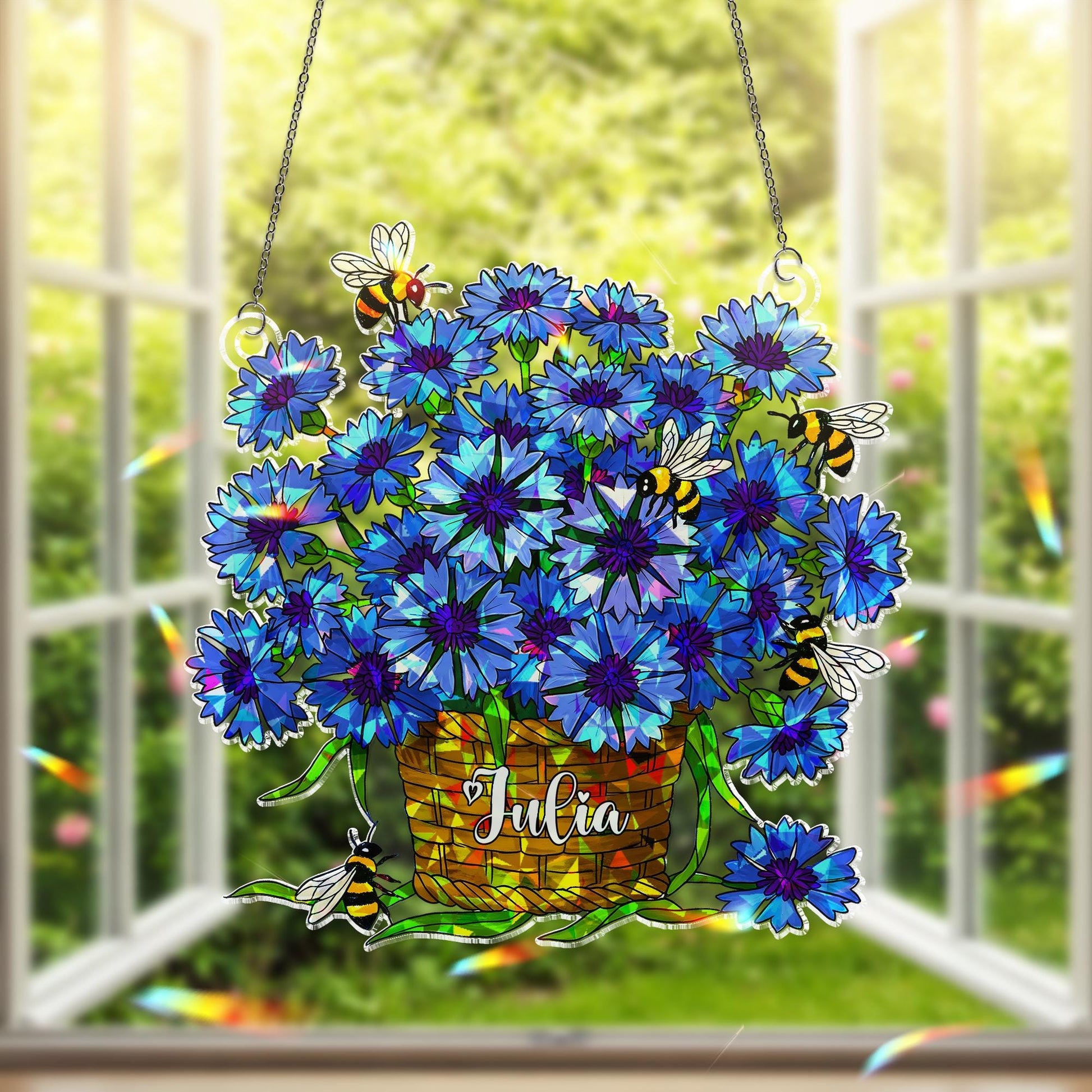 Personalized Cornflower & Bee Acrylic Window Hanging Ornament, Floral Home Decor, Custom Name Gift, Nature Lover, Mom Birthday Gift