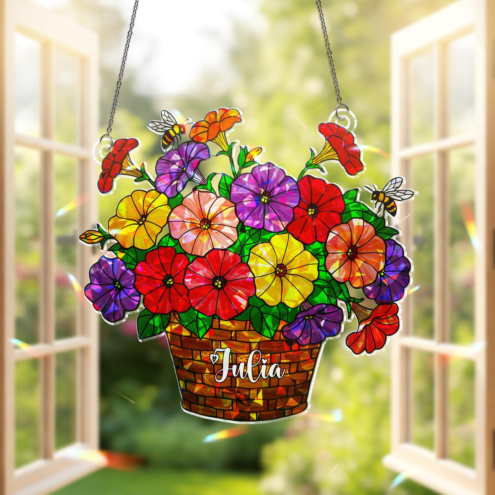 Personalized Petunia Floral Basket Hologram Acrylic Window Hanging, Custom Name Ornament, Honey Bee Garden Flower Ornament Home Decor Gift