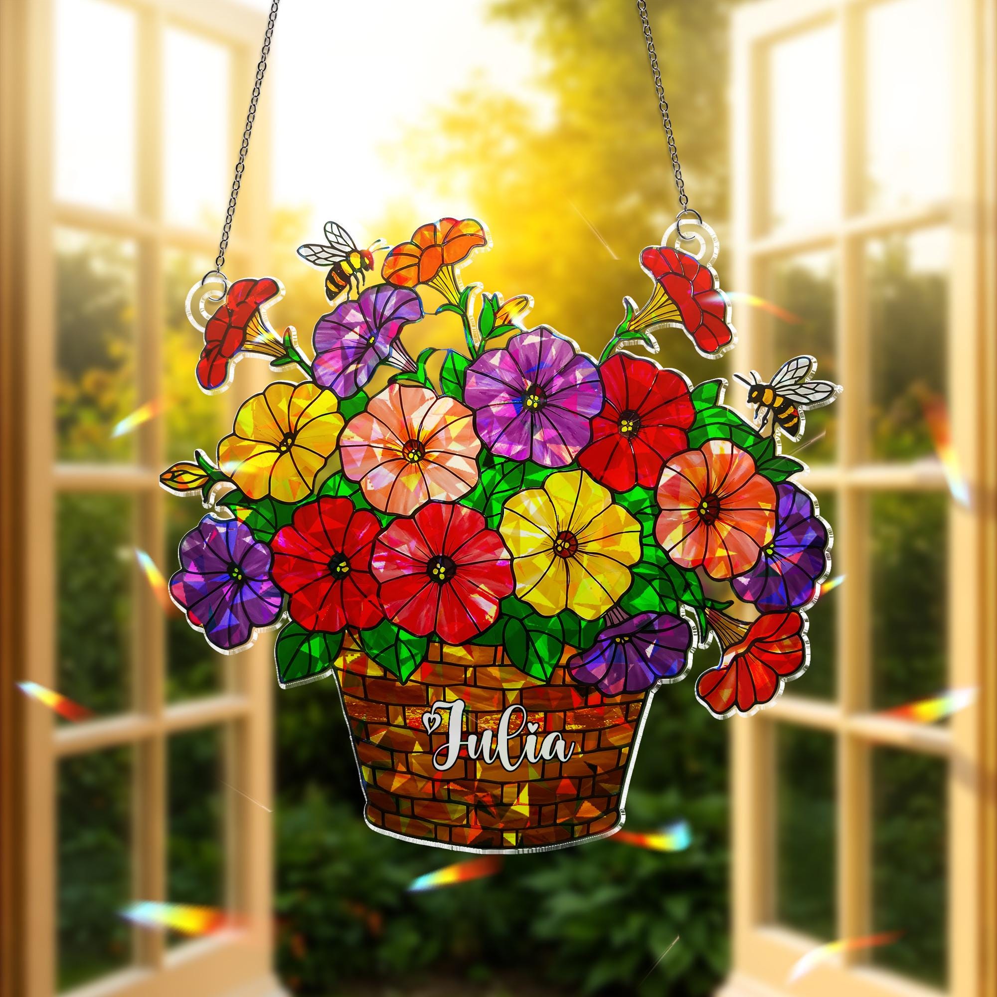 Personalized Petunia Floral Basket Hologram Acrylic Window Hanging, Custom Name Ornament, Honey Bee Garden Flower Ornament Home Decor Gift