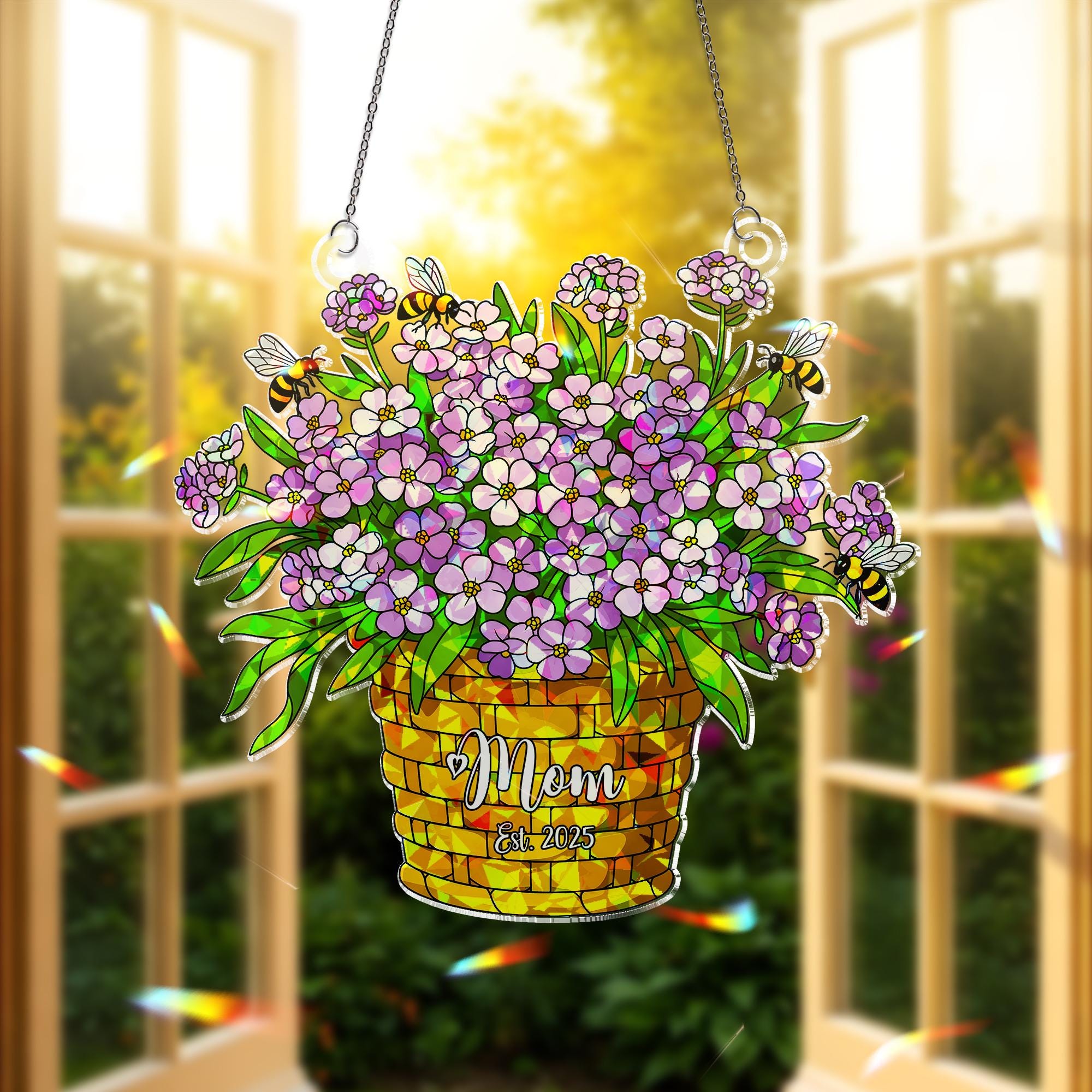 Personalized Sweet Alyssum Mom Floral Ornament, Custom Year Acrylic Window Hanging, Bee Lover Gift for Her, Garden Mom, Flower Lover Gift