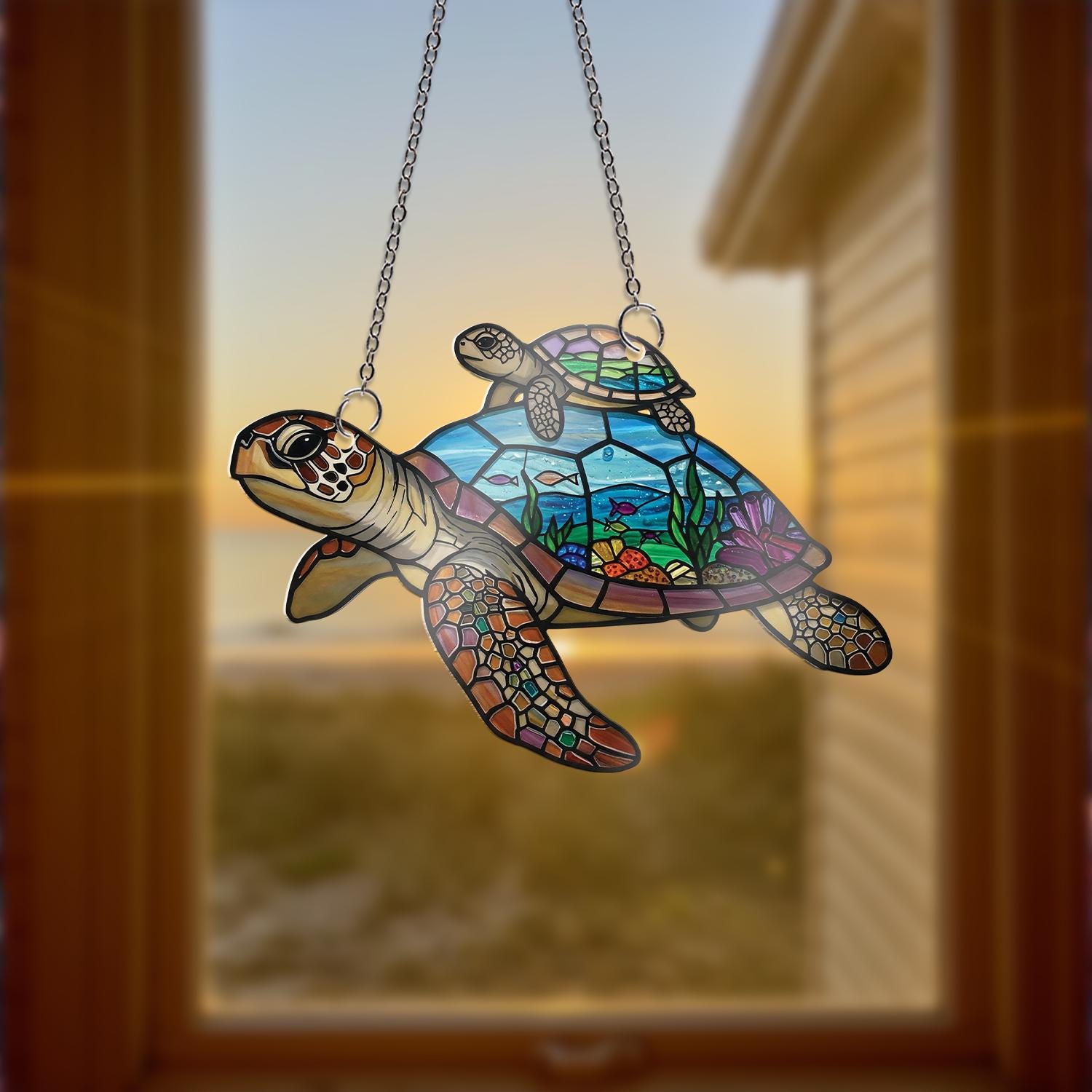 Turtle Mom and Baby Acrylic Window Hanging, Ocean Sea Turtle Art, Mother's Day Gift, Beach House Decor, Sea Life Gift, Gift For Mom