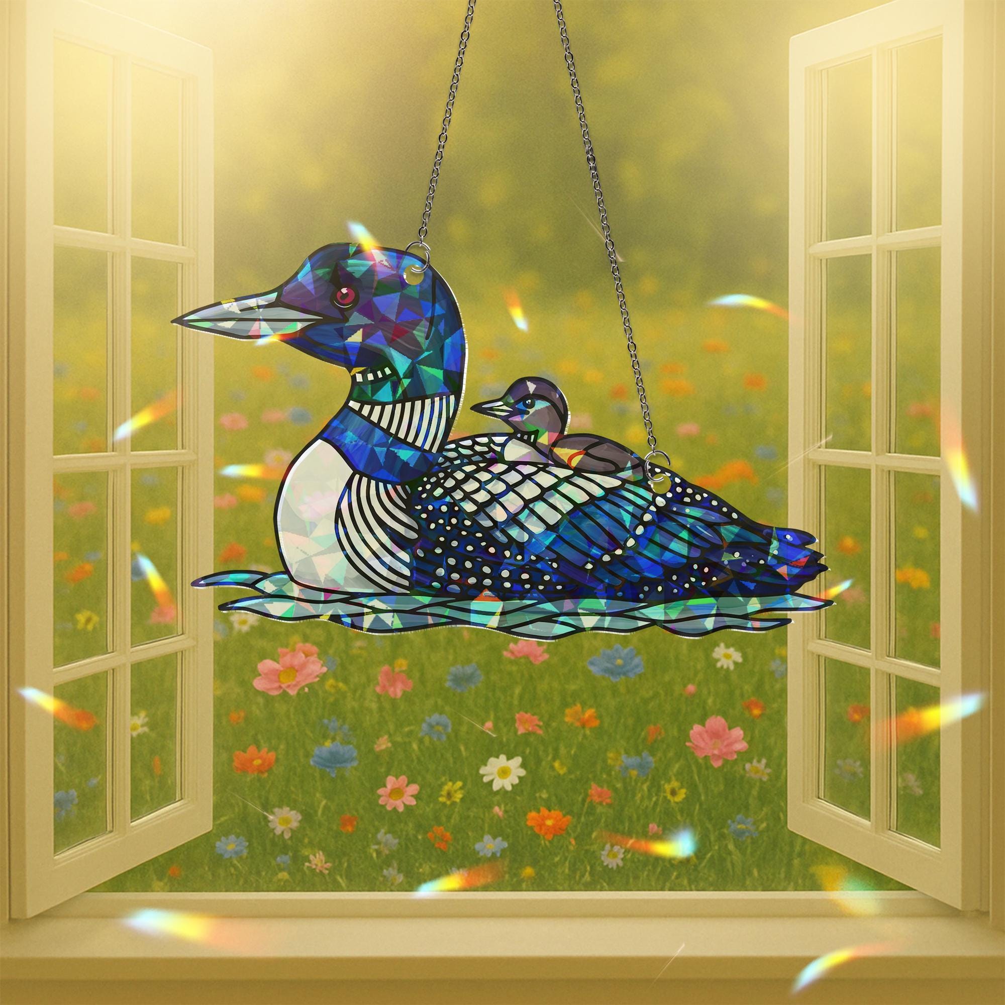 Loon Bird Mom and Baby Window Hanging, Acrylic Hologram Suncatcher, Mother's Day Gift for Bird Lovers, Mother's day gift for mom grandma