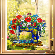 Personalized Sewing Machine Floral Acrylic Window Hanging Ornament, Custom Name Vintage Style Home Craft Room Decor Gift, Mom Quilter Decor