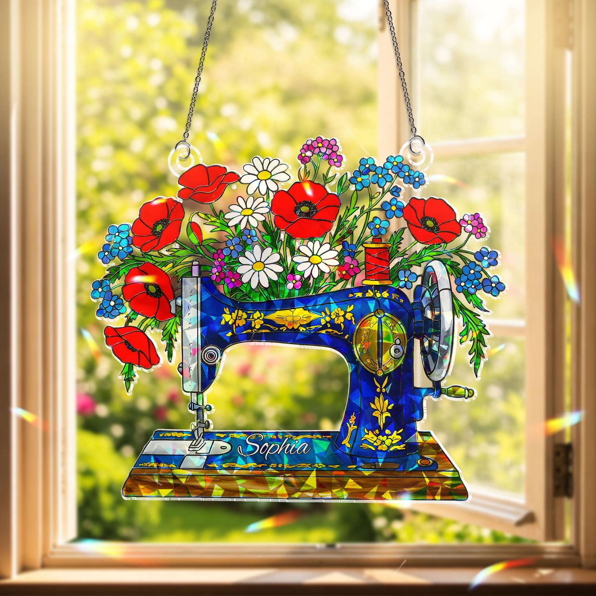 Personalized Sewing Machine Floral Acrylic Window Hanging Ornament, Custom Name Vintage Style Home Craft Room Decor Gift, Mom Quilter Decor