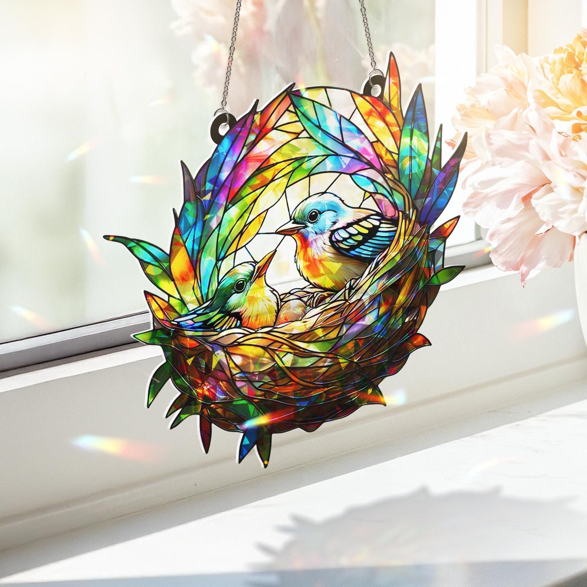 Bird Nest Hologram Acrylic Window Hanging – Baby Birds Decor, Spring Garden Gift, Nature-Inspired Acrylic Window Art, Gift For Mom