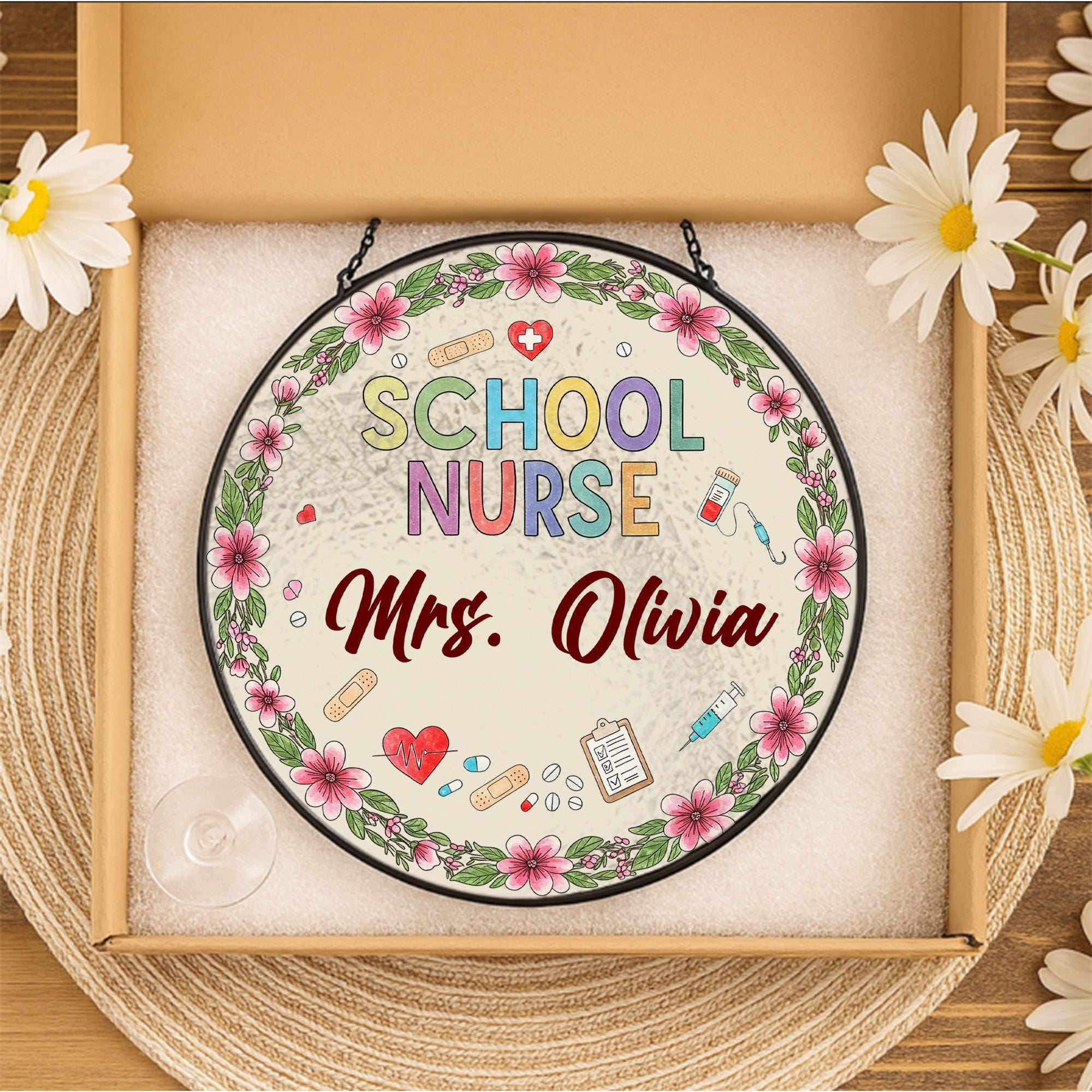 Personalized School Nurse Glass Suncatcher, Nurse Office Decor, Gift for School Nurse, Floral Nurse Name Decor, Nurse Appreciation Gift