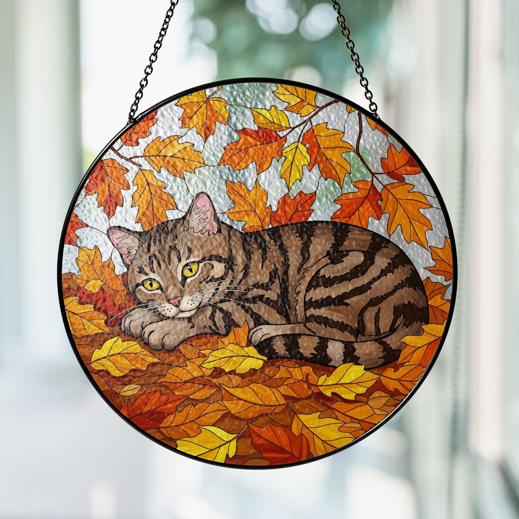 Cozy Tabby Cat in Autumn Leaves Glass Suncatcher – Fall Decor Window Hanging, Tabby Cat Lover Gift, Cat Decor, Cat Lover Gift, Gift For Mom