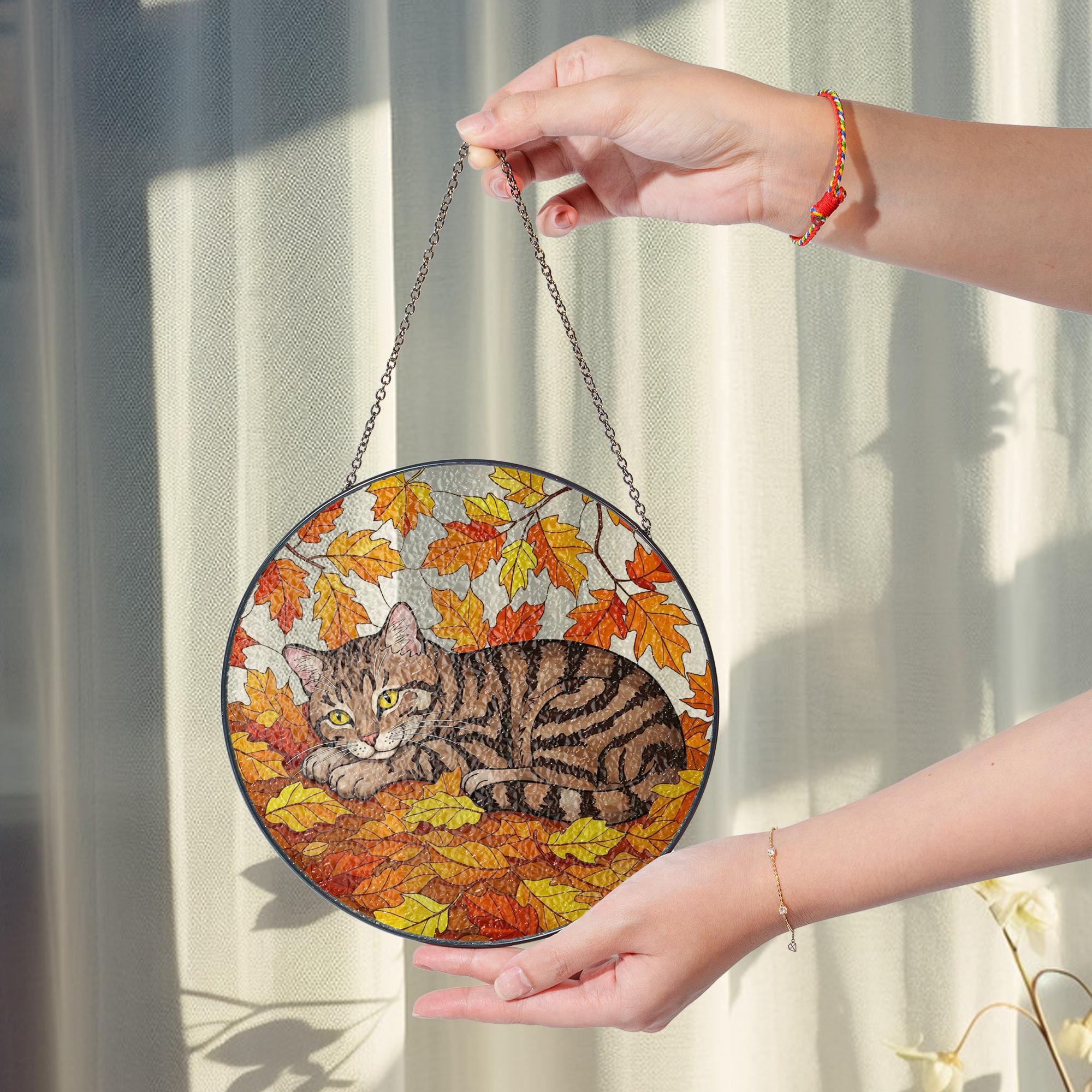 Cozy Tabby Cat in Autumn Leaves Glass Suncatcher – Fall Decor Window Hanging, Tabby Cat Lover Gift, Cat Decor, Cat Lover Gift, Gift For Mom