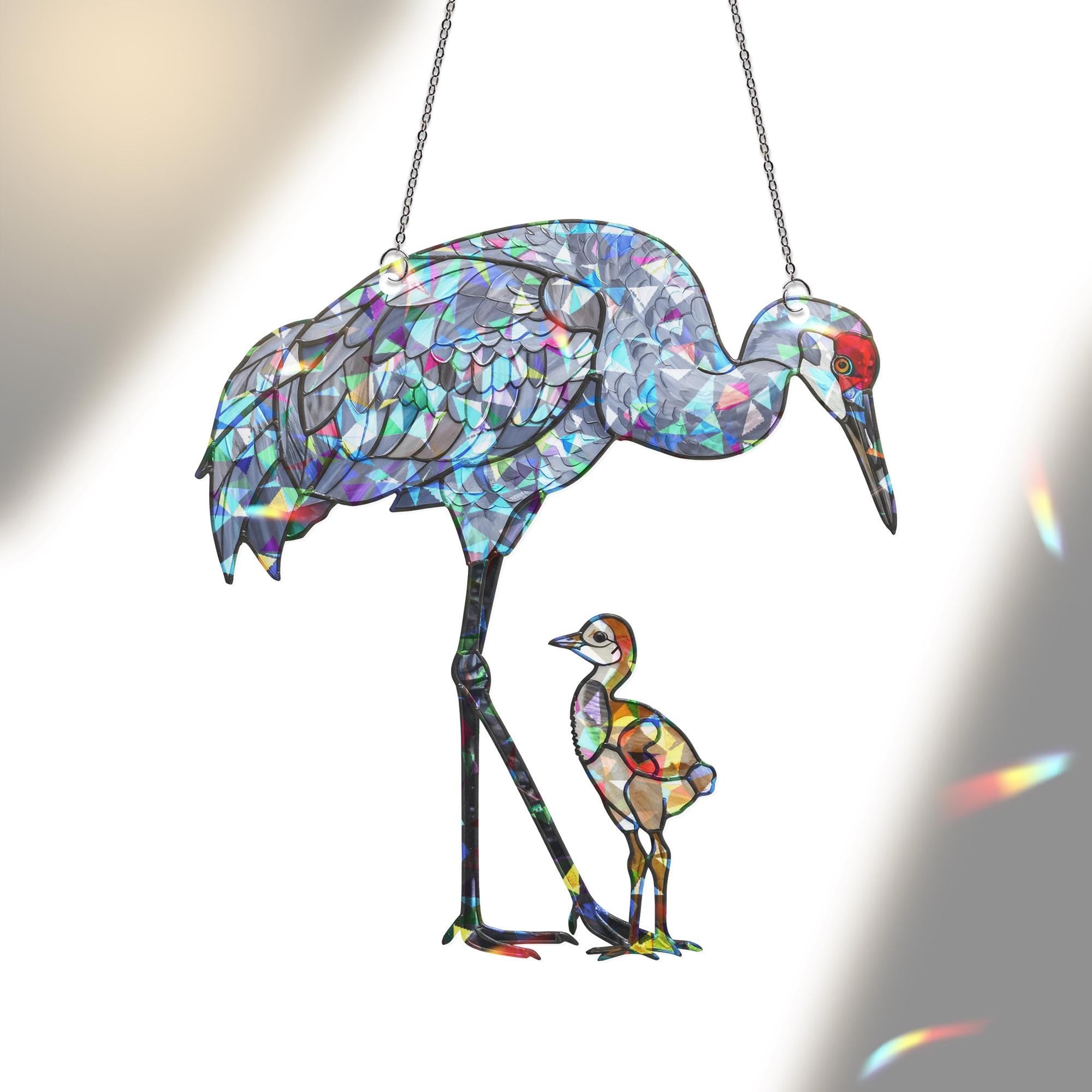 Sandhill Crane Mom and Baby Suncatcher – Holographic Window Hanging Gift for Custom Mom on Mother's Day