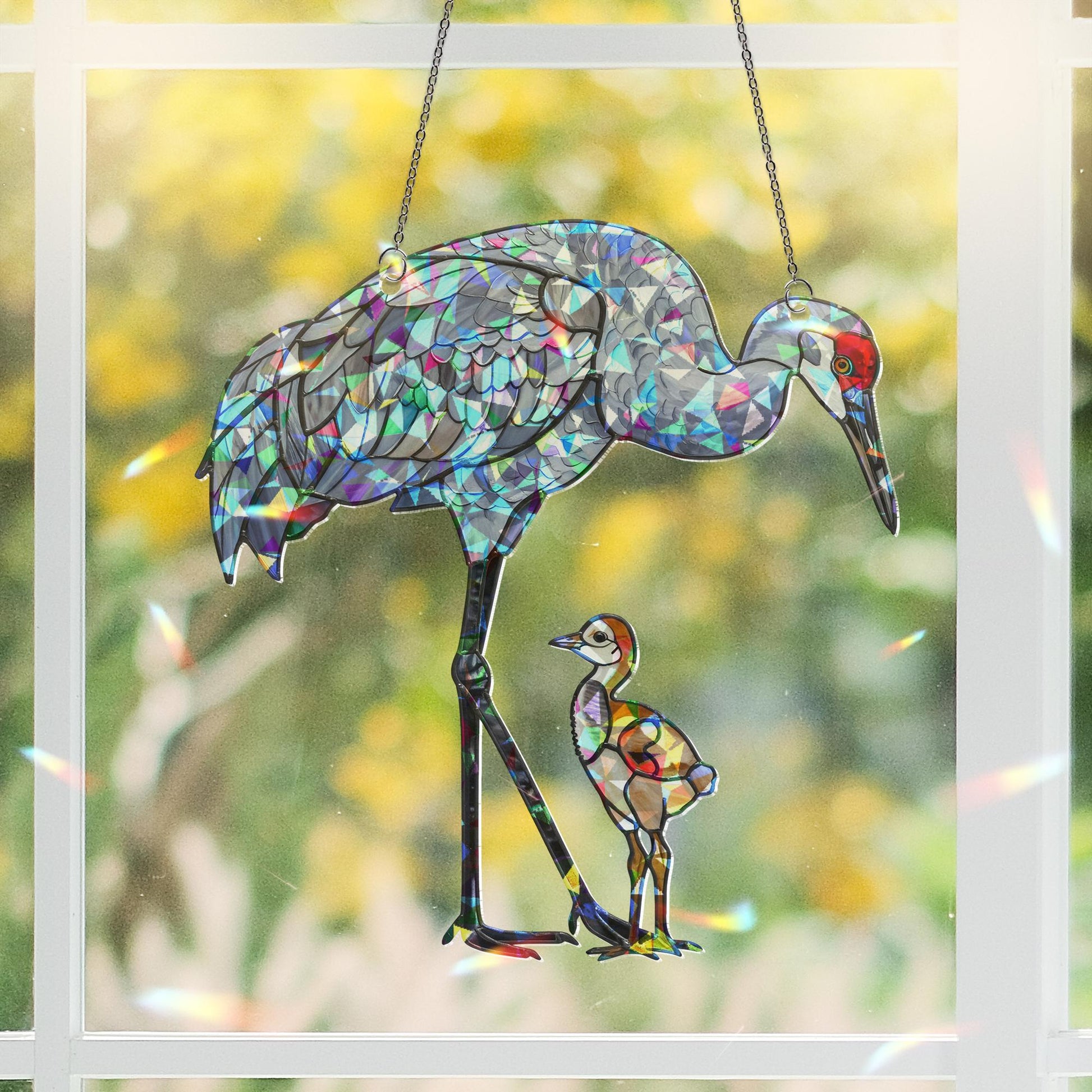 Sandhill Crane Mom and Baby Suncatcher – Holographic Window Hanging Gift for Custom Mom on Mother's Day
