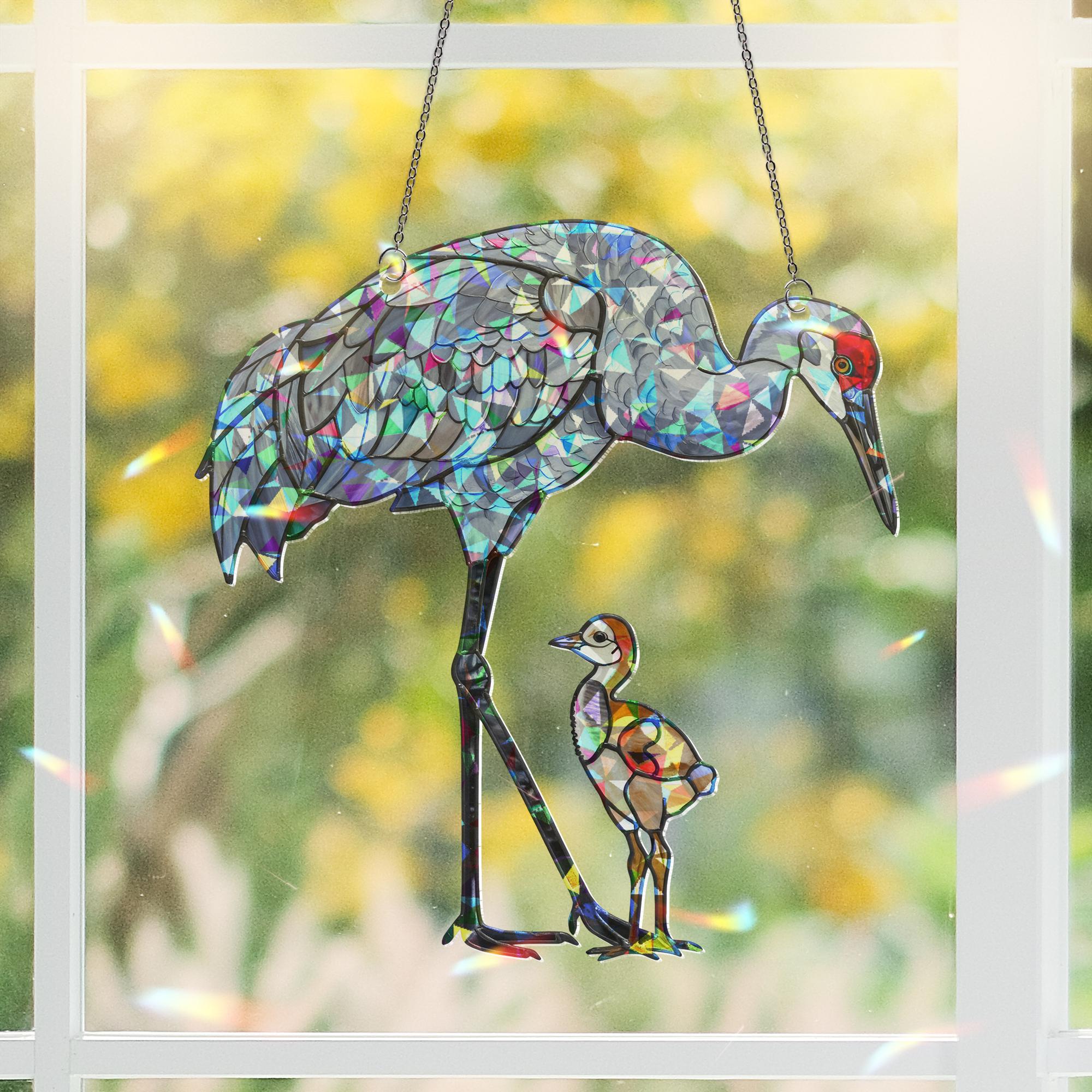 Sandhill Crane Mom and Baby Suncatcher – Holographic Window Hanging Gift for Custom Mom on Mother's Day