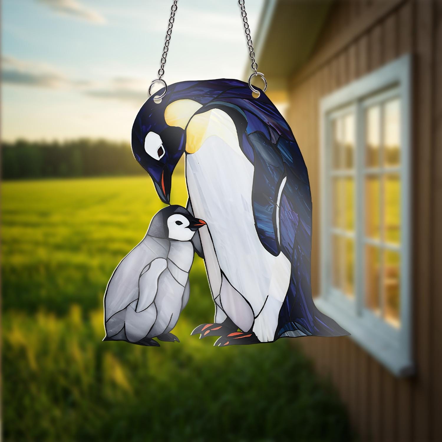 Penguin Mom and Baby Acrylic Window Hanging, Faux Stained Glass Style Decor, Mother’s Day Gift, Cute Animal Suncatcher, Arctic Bird Art
