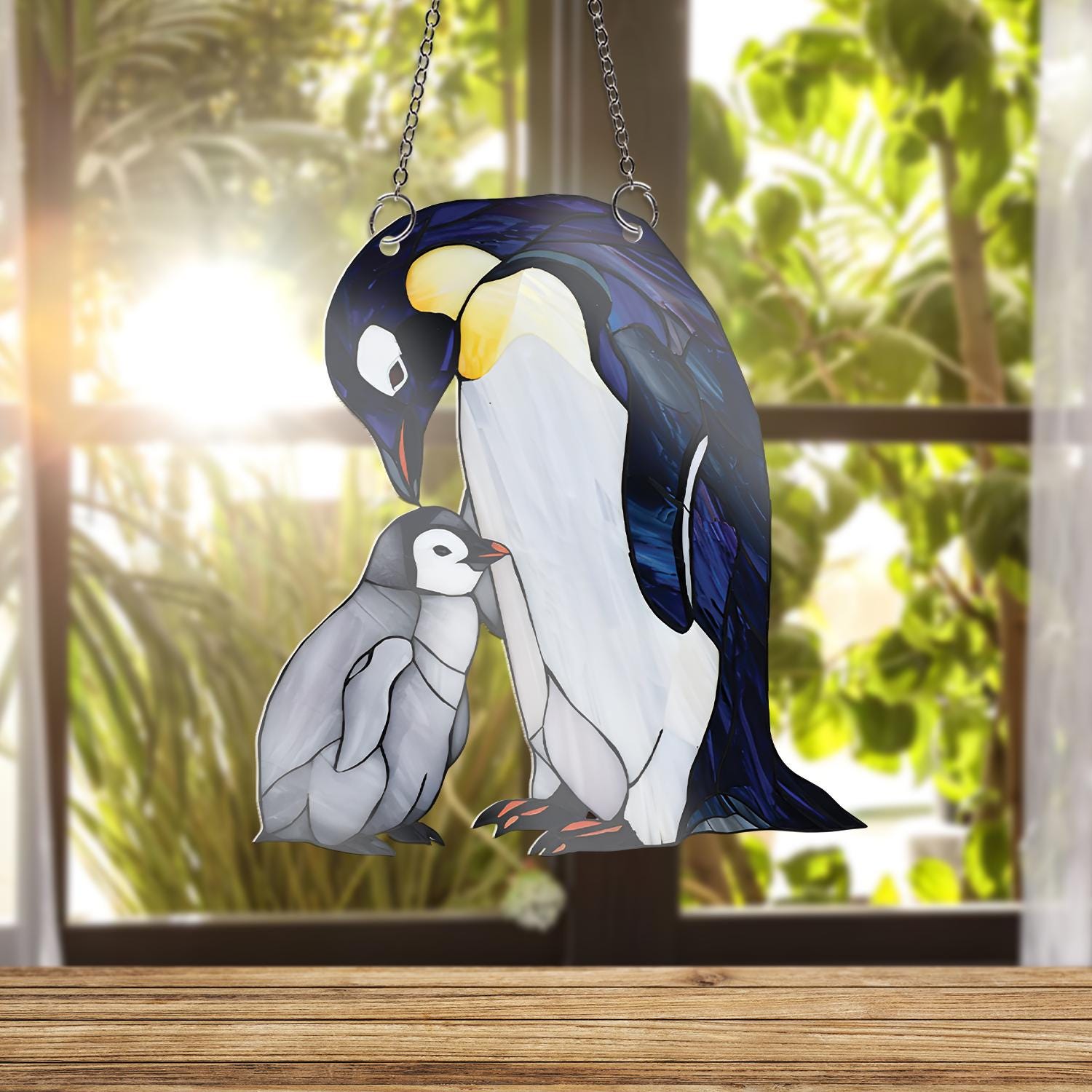Penguin Mom and Baby Acrylic Window Hanging, Faux Stained Glass Style Decor, Mother’s Day Gift, Cute Animal Suncatcher, Arctic Bird Art