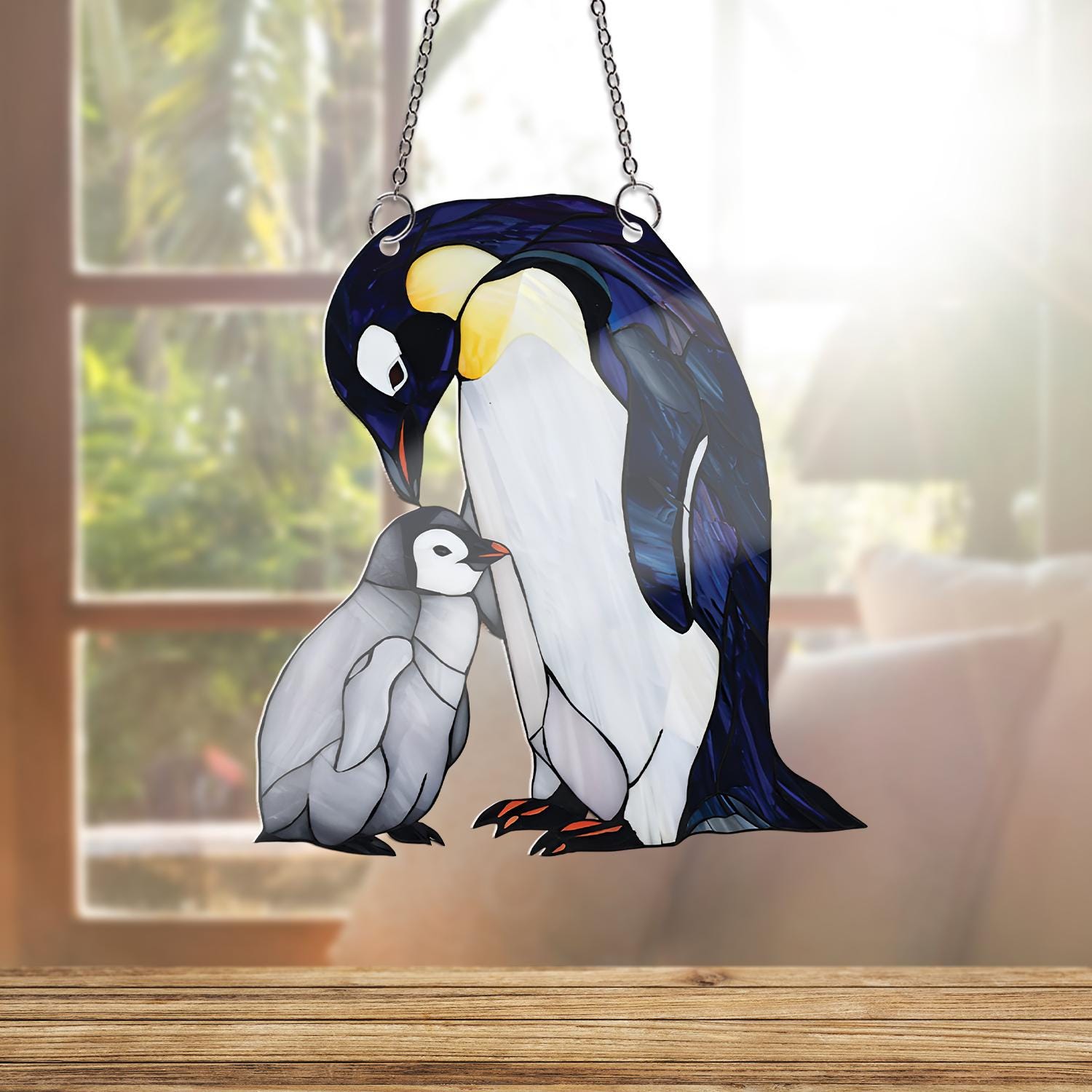 Penguin Mom and Baby Acrylic Window Hanging, Faux Stained Glass Style Decor, Mother’s Day Gift, Cute Animal Suncatcher, Arctic Bird Art
