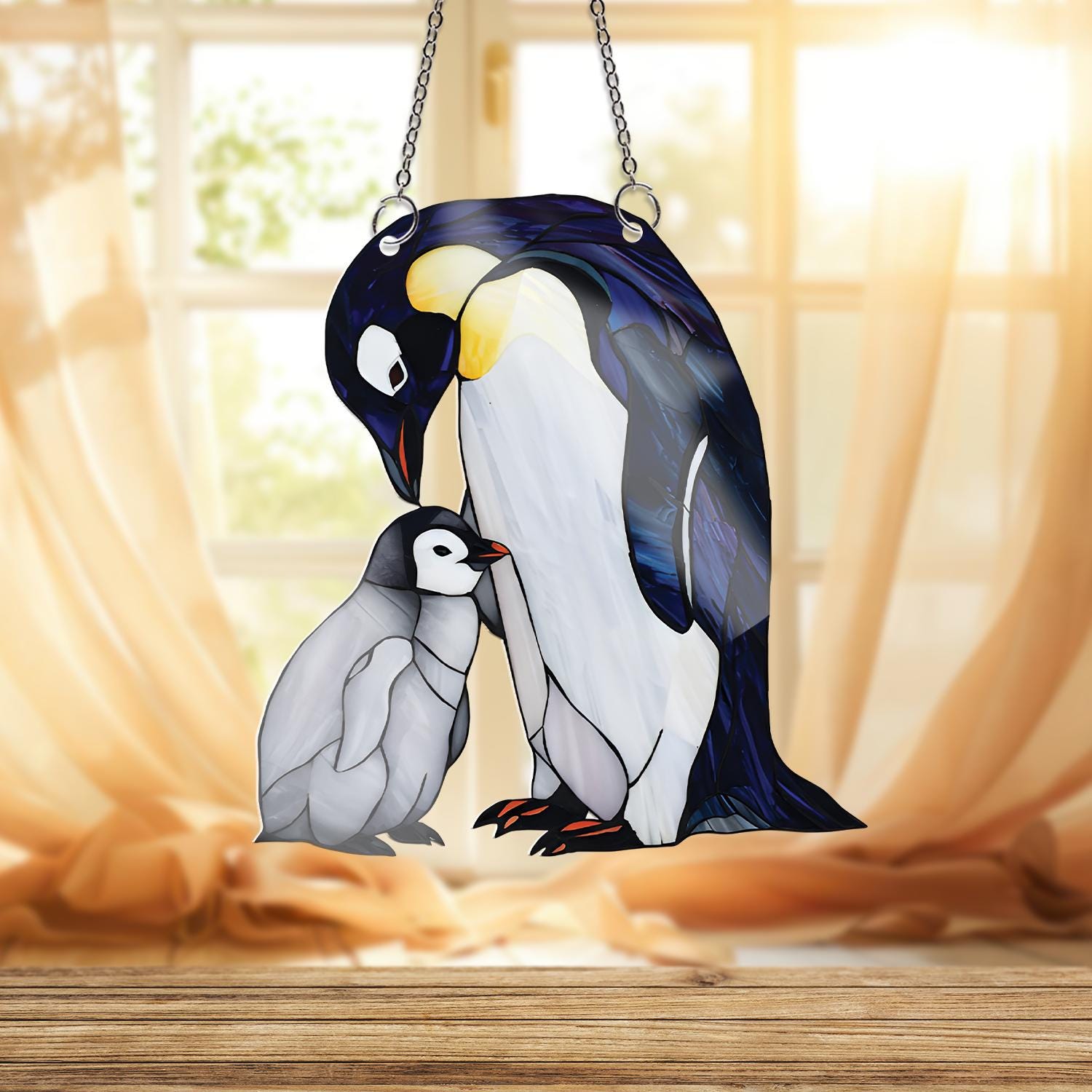 Penguin Mom and Baby Acrylic Window Hanging, Faux Stained Glass Style Decor, Mother’s Day Gift, Cute Animal Suncatcher, Arctic Bird Art