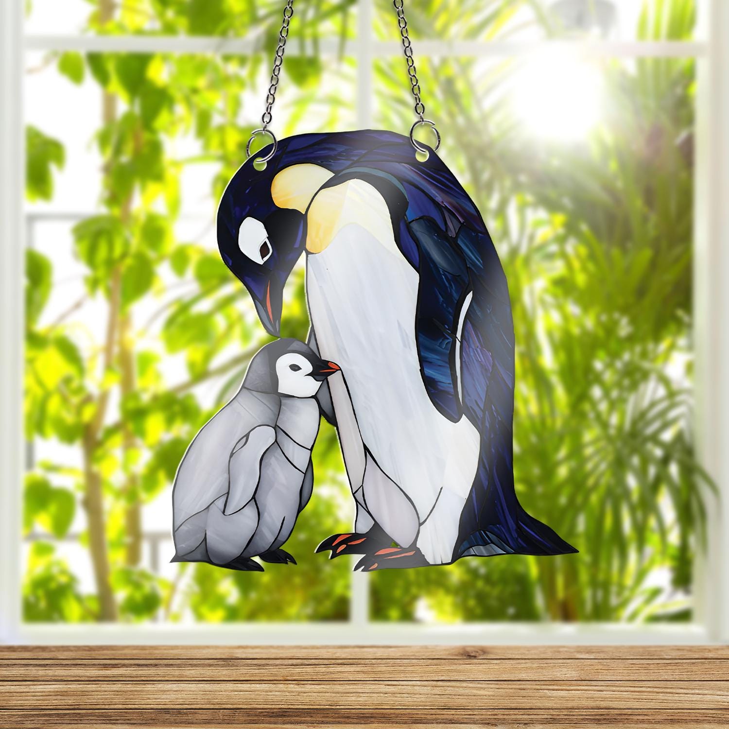 Penguin Mom and Baby Acrylic Window Hanging, Faux Stained Glass Style Decor, Mother’s Day Gift, Cute Animal Suncatcher, Arctic Bird Art