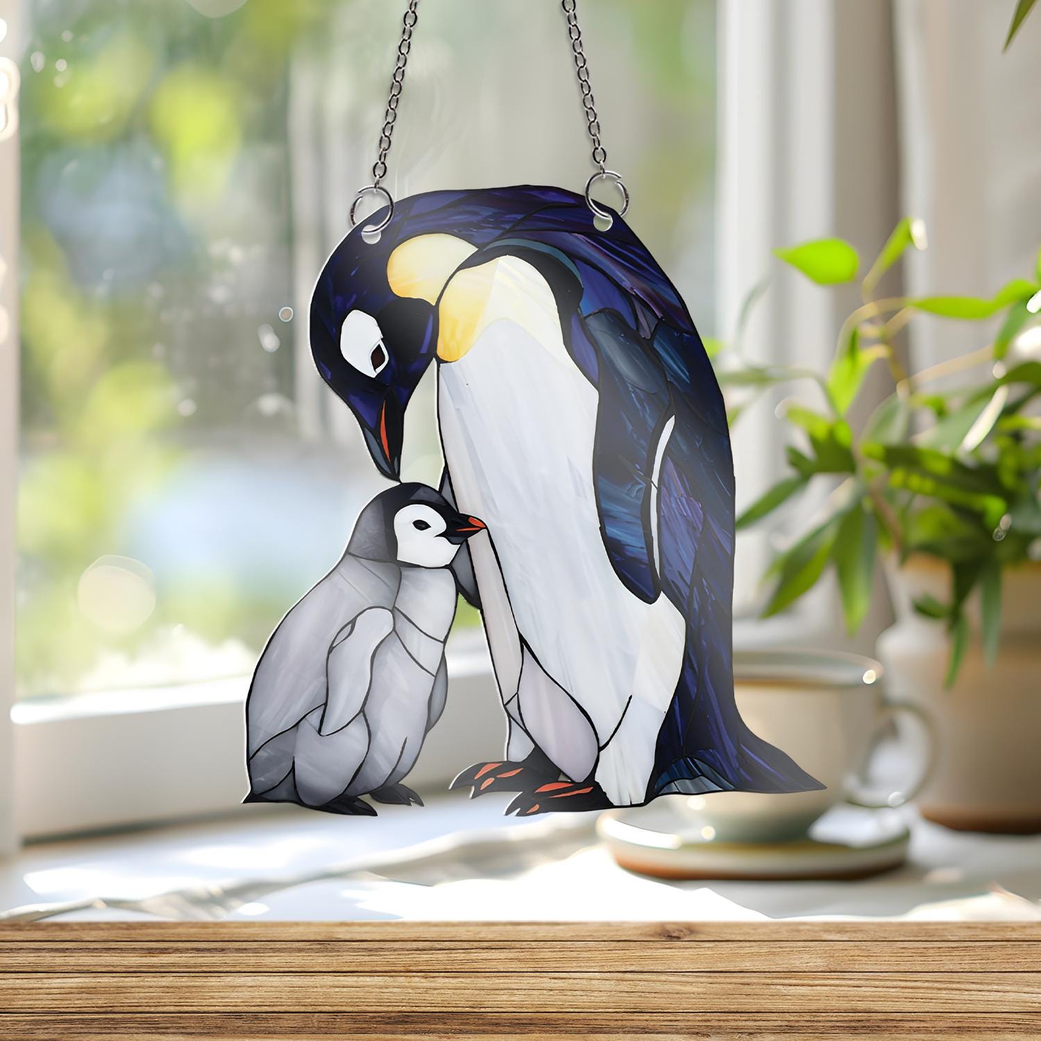 Penguin Mom and Baby Acrylic Window Hanging, Faux Stained Glass Style Decor, Mother’s Day Gift, Cute Animal Suncatcher, Arctic Bird Art