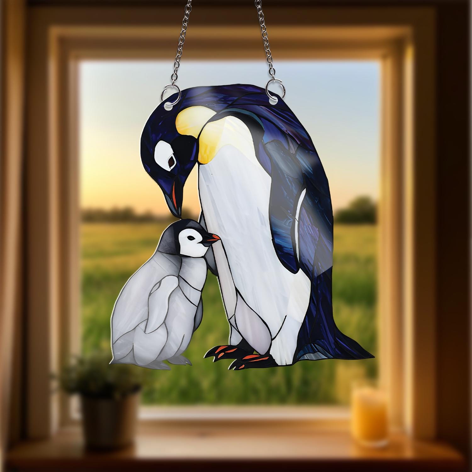 Penguin Mom and Baby Acrylic Window Hanging, Faux Stained Glass Style Decor, Mother’s Day Gift, Cute Animal Suncatcher, Arctic Bird Art