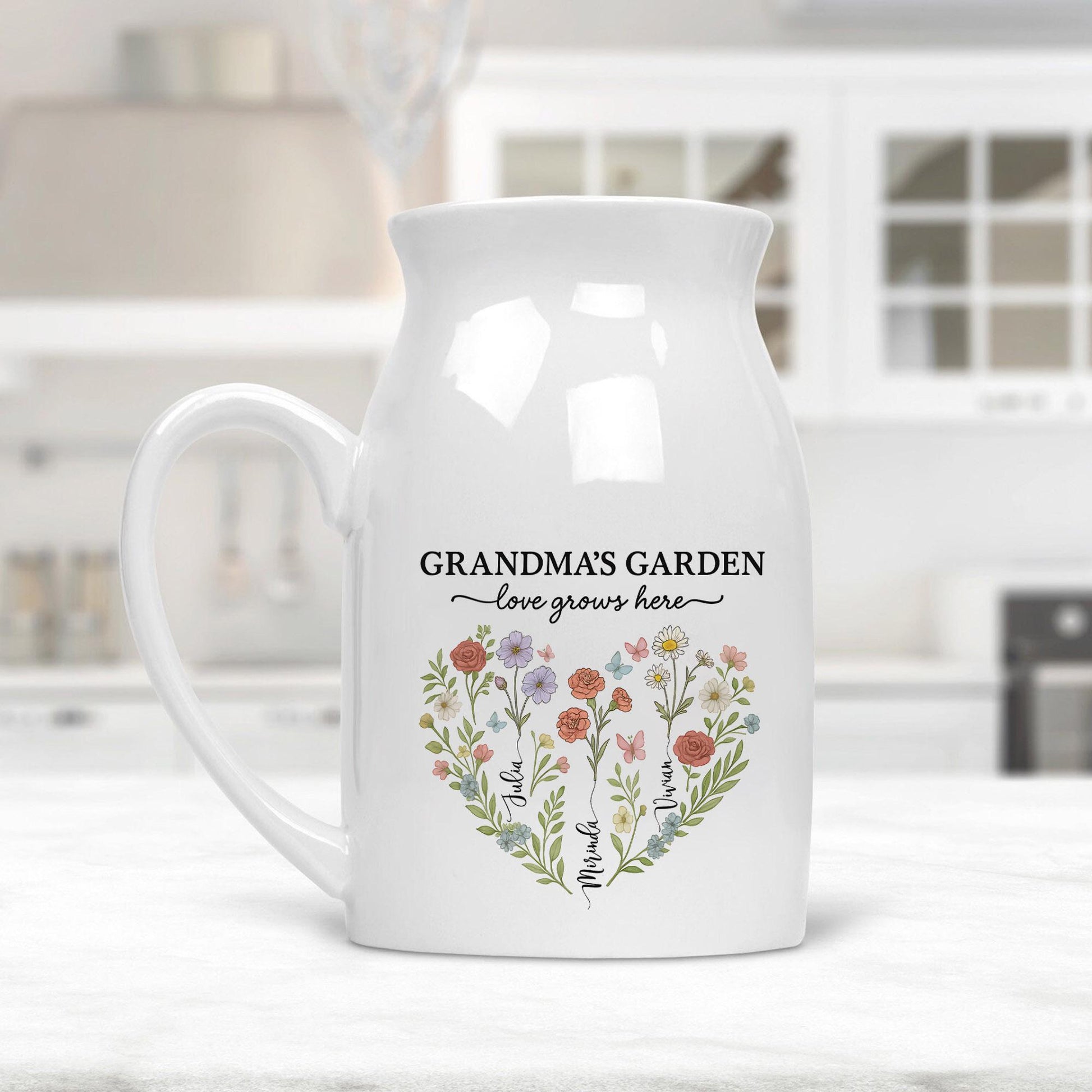 Custom Birth Flower Vase for Grandma – Personalized Ceramic Vase with Kids Names, Mother’s Day Gift for Mom & Nana