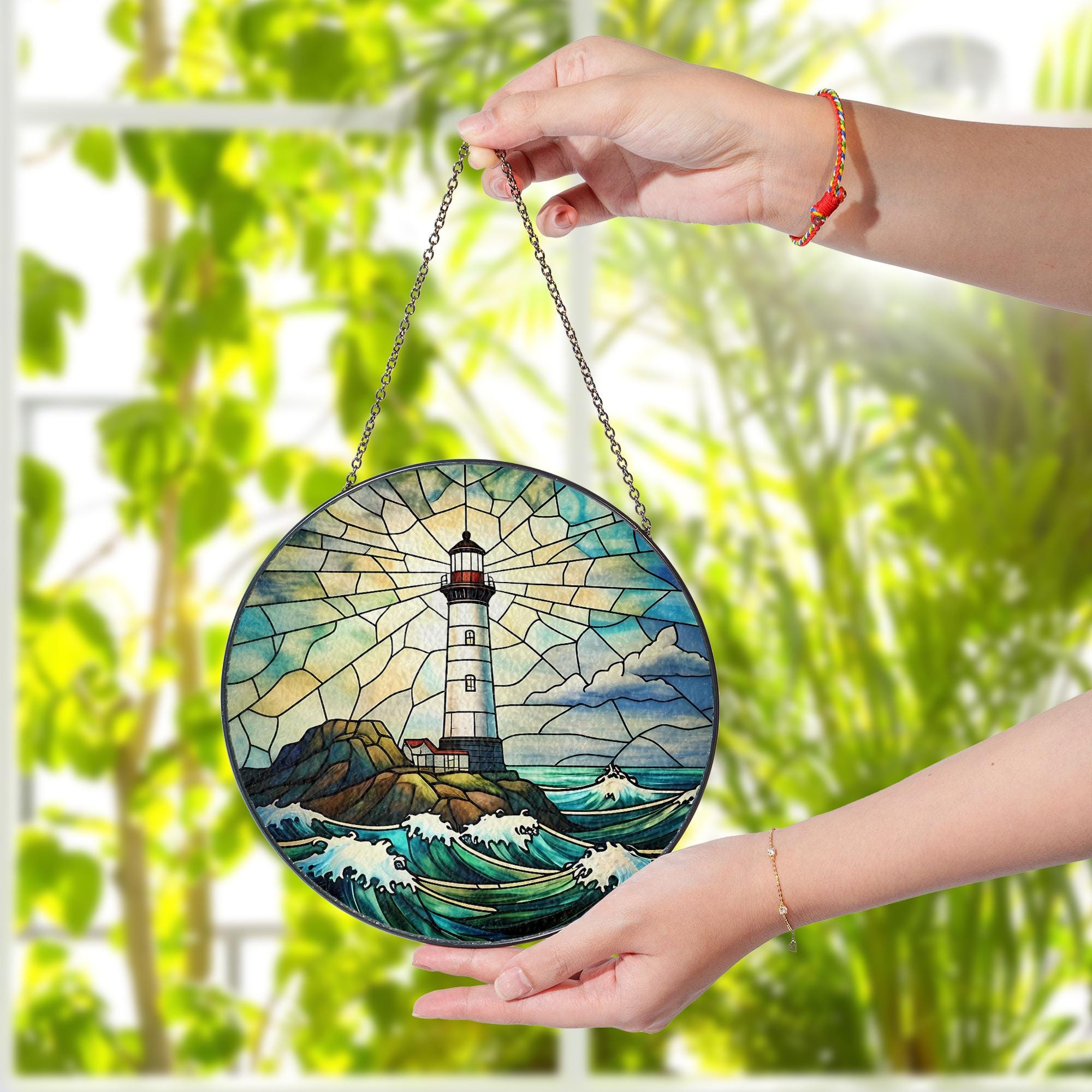 Coastal Lighthouse Glass Suncatcher, Ocean Waves Window Hanging Art, Nautical Decor for Beach House, Sea Lover Gift, Handmade Maritime Charm