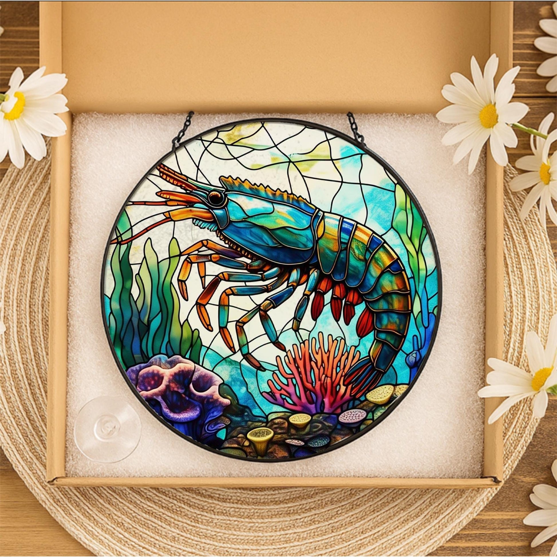 Colorful Shrimp Glass Suncatcher – Ocean Coral Reef Window Hanging, Nautical Sea Life Decor, Marine Lover Gift, Beach House Accent