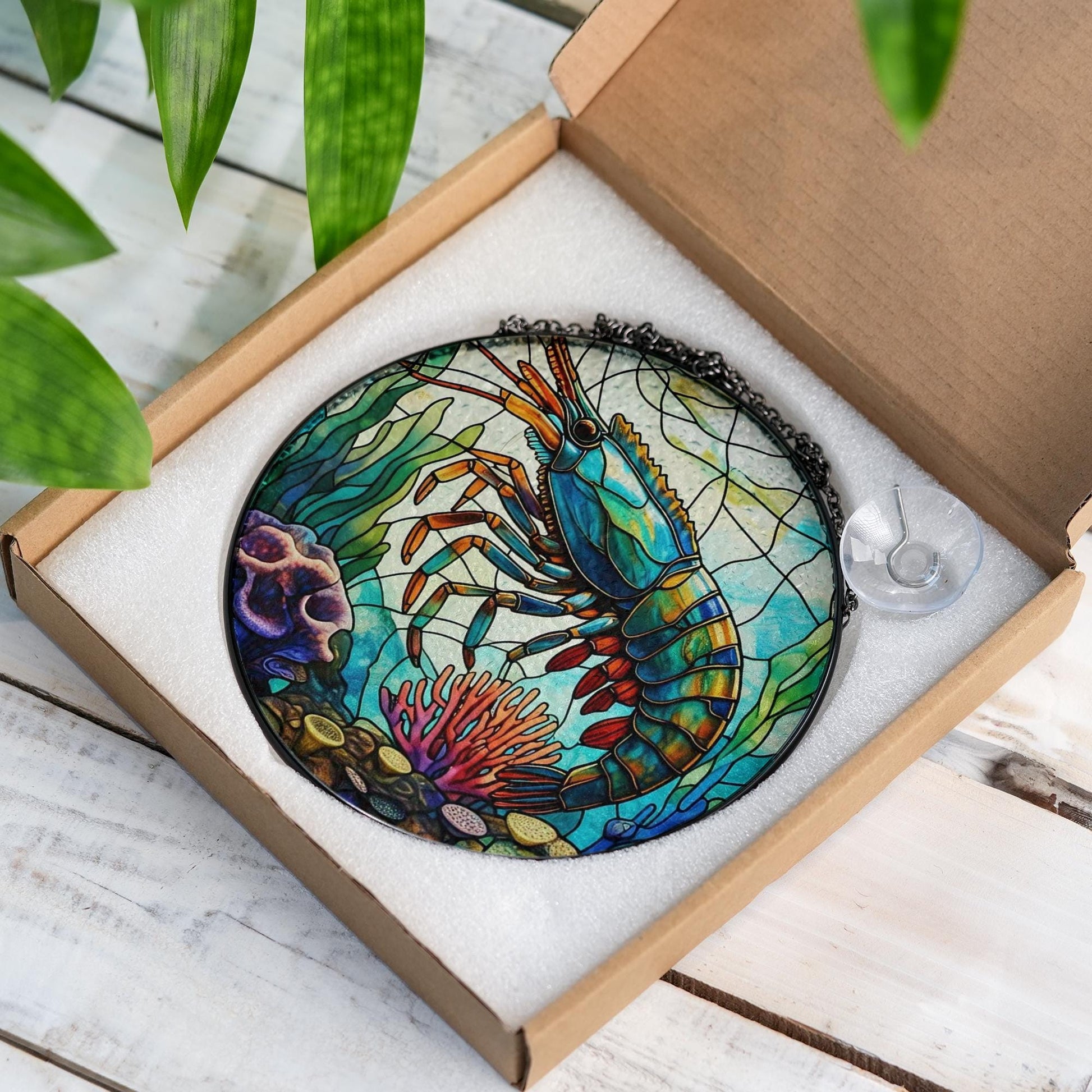 Colorful Shrimp Glass Suncatcher – Ocean Coral Reef Window Hanging, Nautical Sea Life Decor, Marine Lover Gift, Beach House Accent