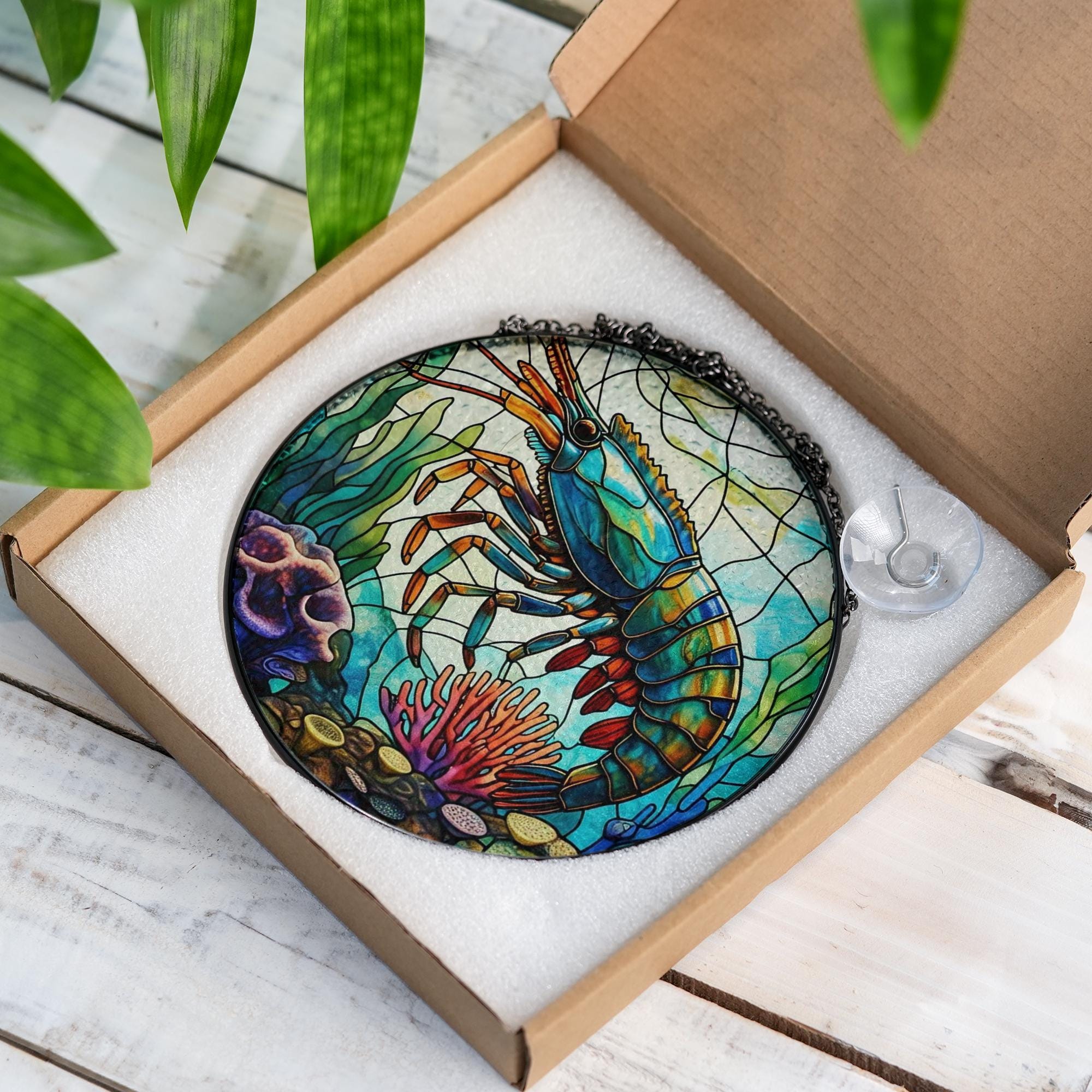 Colorful Shrimp Glass Suncatcher – Ocean Coral Reef Window Hanging, Nautical Sea Life Decor, Marine Lover Gift, Beach House Accent