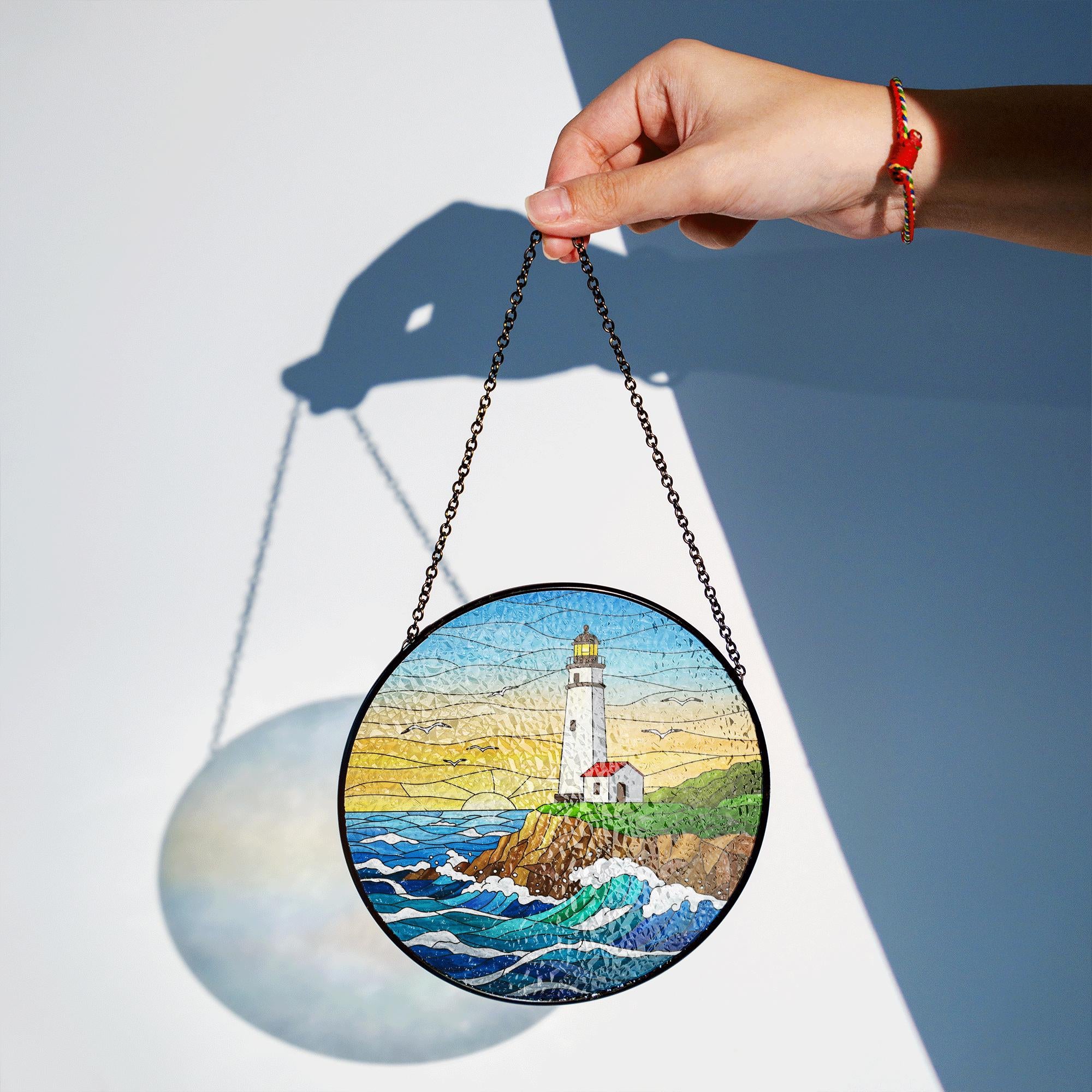 Coastal Lighthouse Glass Suncatcher – Nautical Ocean Window Decor, Seaside Sunset Panel, Beach House Stained Glass Art Gift