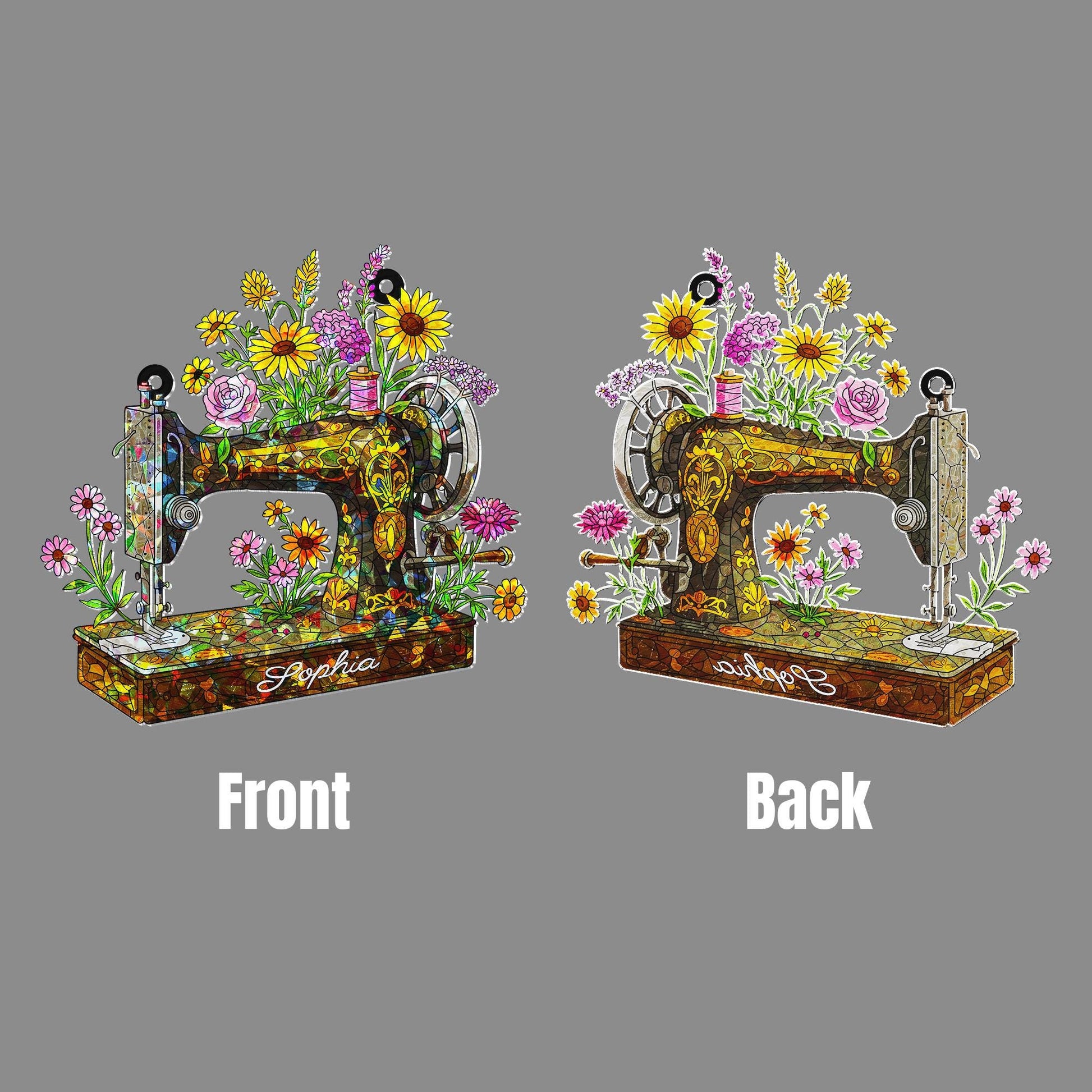 Personalized Sewing Machine Wildflower Hologram Acrylic Window Hanging, Custom Name Gift for Crafter, Seamstress, Mom, Grandma