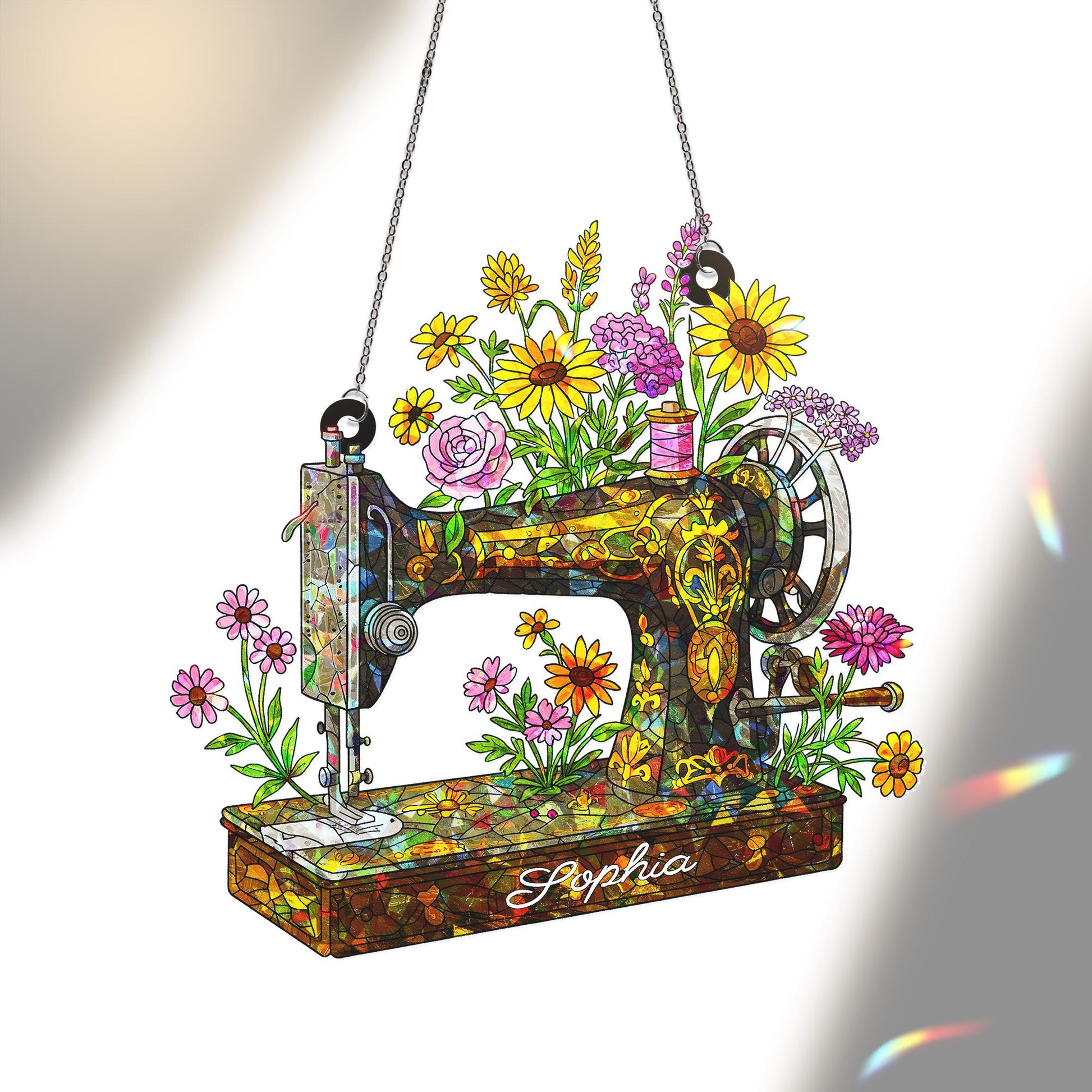 Personalized Sewing Machine Wildflower Hologram Acrylic Window Hanging, Custom Name Gift for Crafter, Seamstress, Mom, Grandma