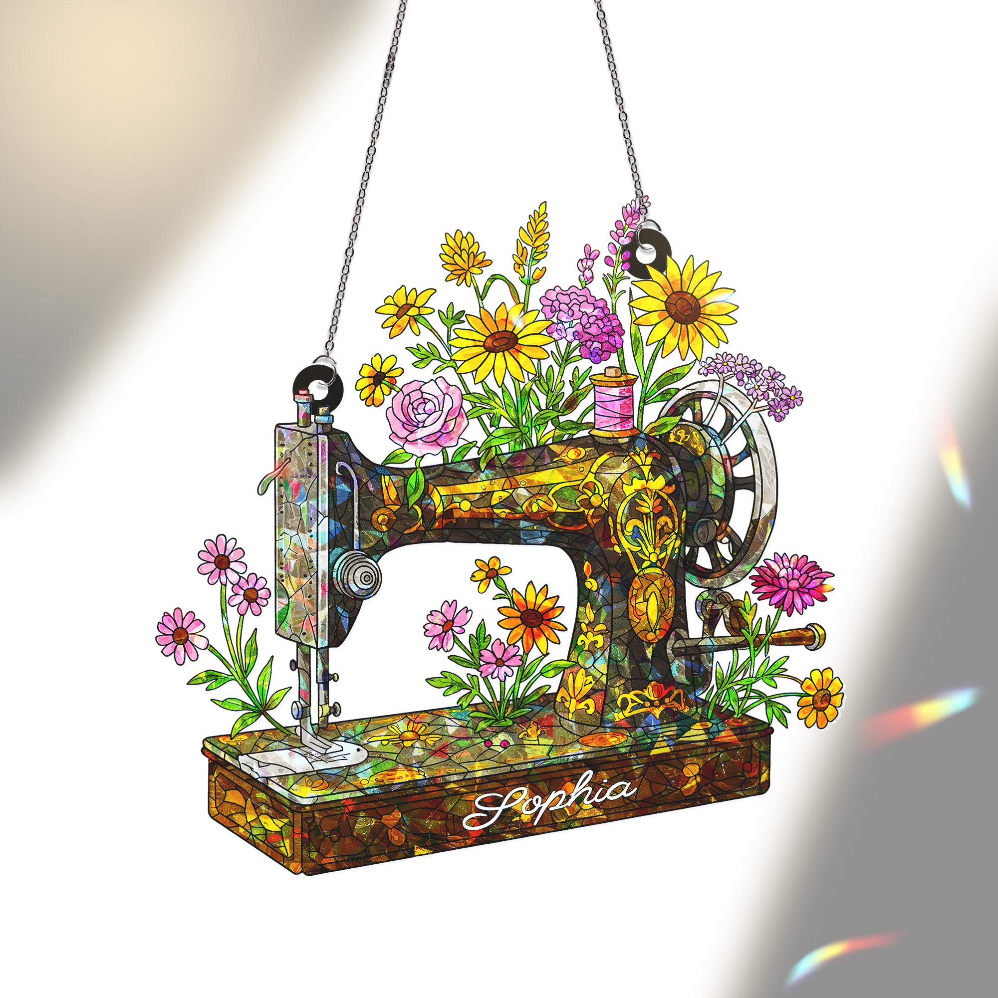 Personalized Sewing Machine Wildflower Hologram Acrylic Window Hanging, Custom Name Gift for Crafter, Seamstress, Mom, Grandma