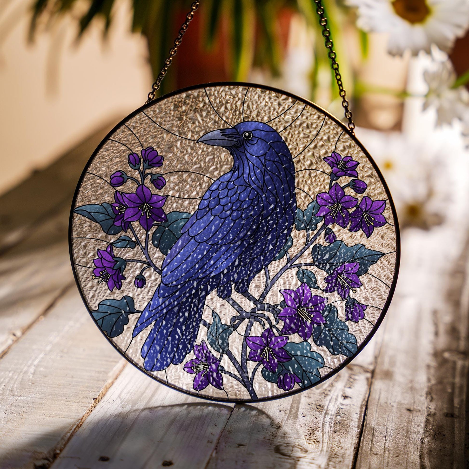 Crows & Nightshade Flowers Glass Suncatcher – Gothic Window Decor – Mother’s Day Gift – Dark Floral Hanging Art