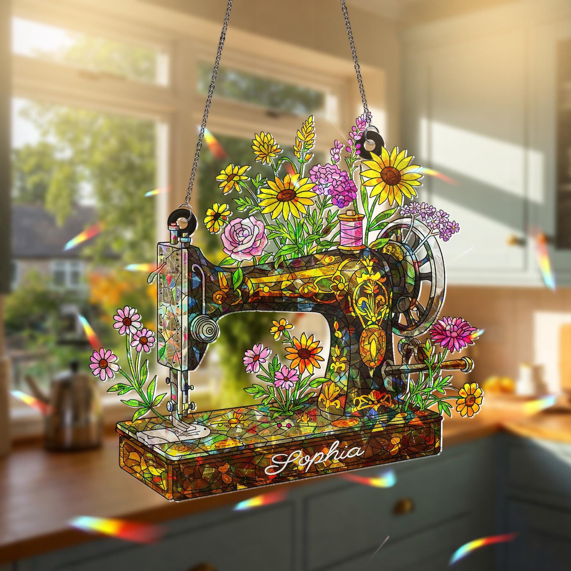 Personalized Sewing Machine Wildflower Hologram Acrylic Window Hanging, Custom Name Gift for Crafter, Seamstress, Mom, Grandma