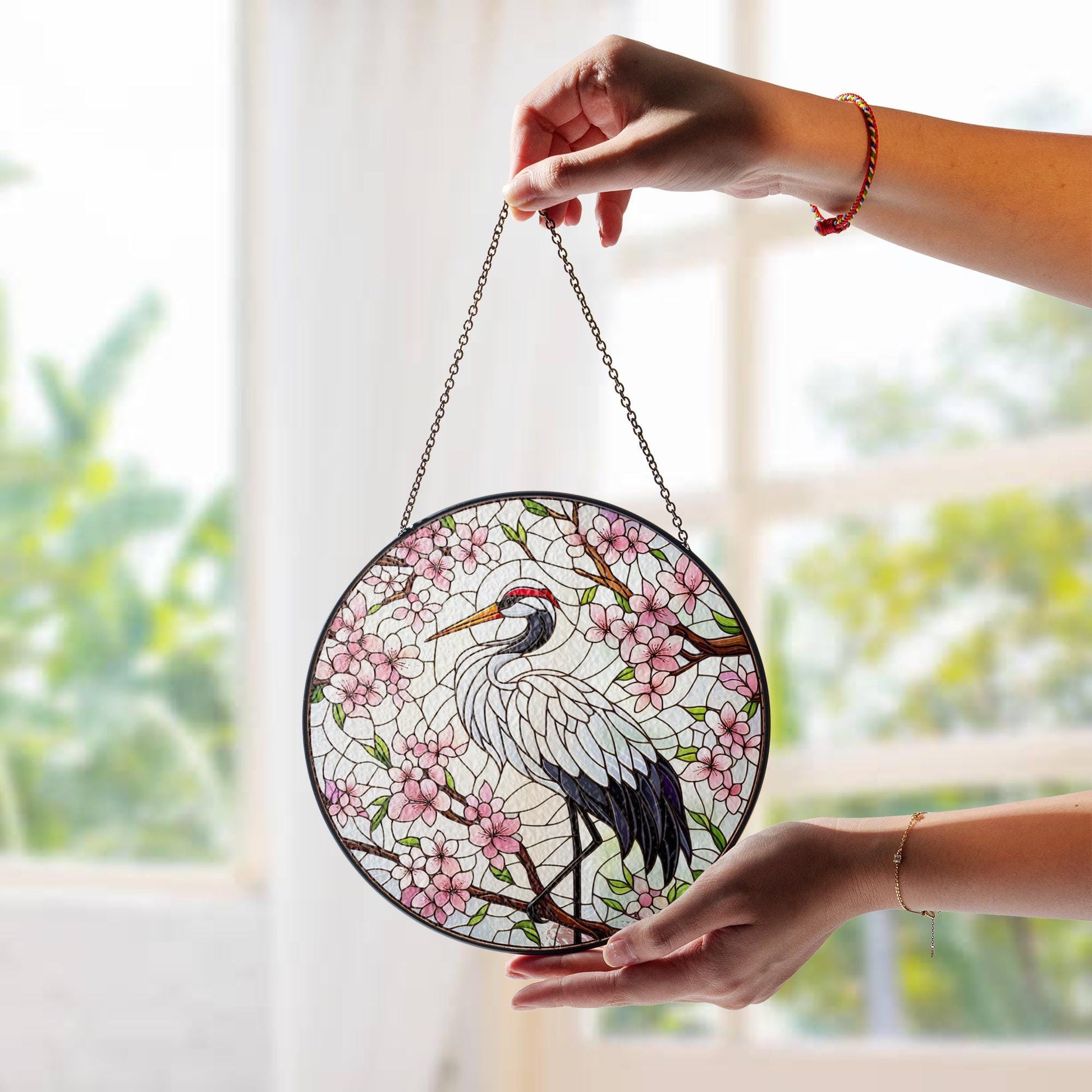 Crane with Cherry Blossom Glass Suncatcher – Elegant Window Decor – Mother’s Day Gift – Japanese Inspired Floral Hanging Art