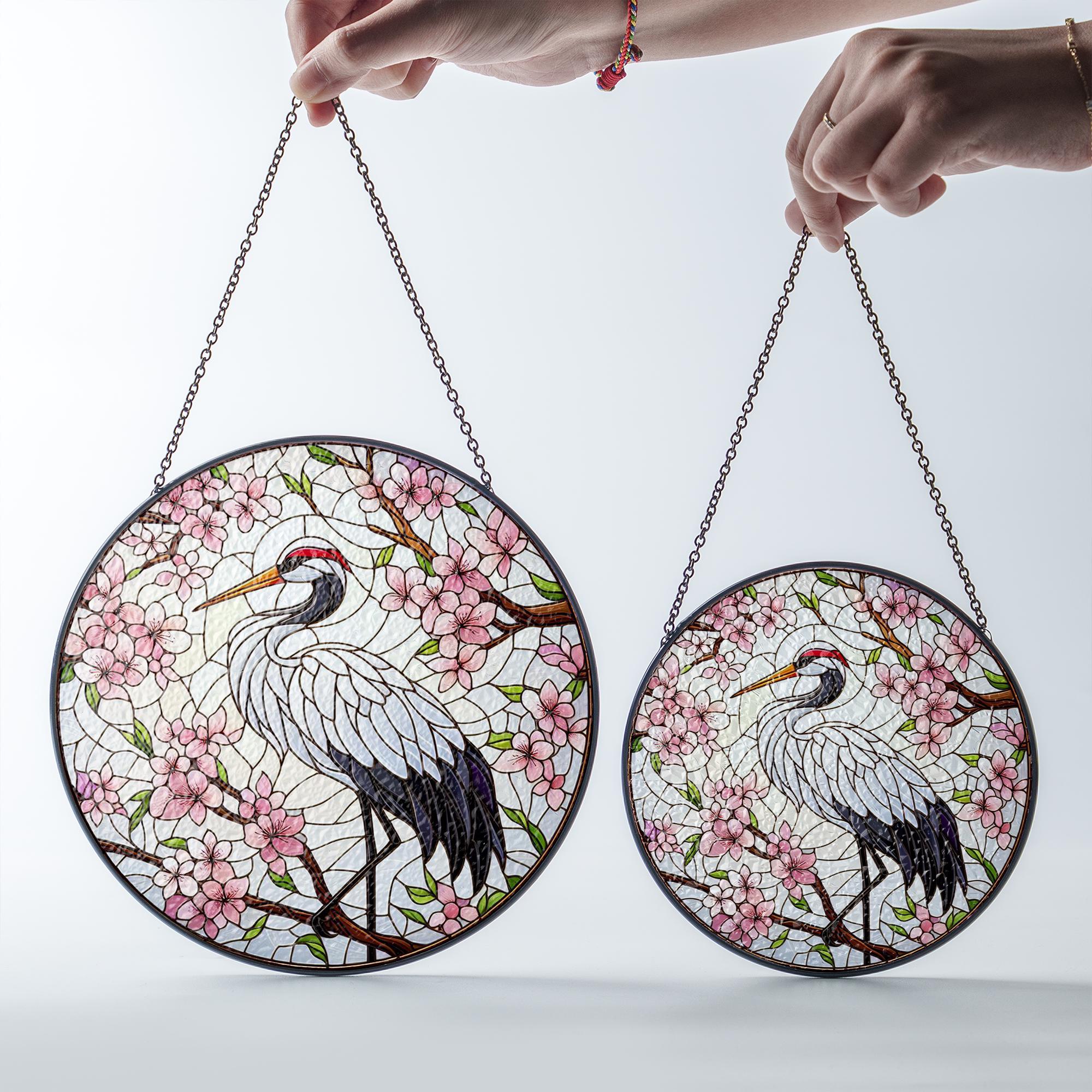 Crane with Cherry Blossom Glass Suncatcher – Elegant Window Decor – Mother’s Day Gift – Japanese Inspired Floral Hanging Art