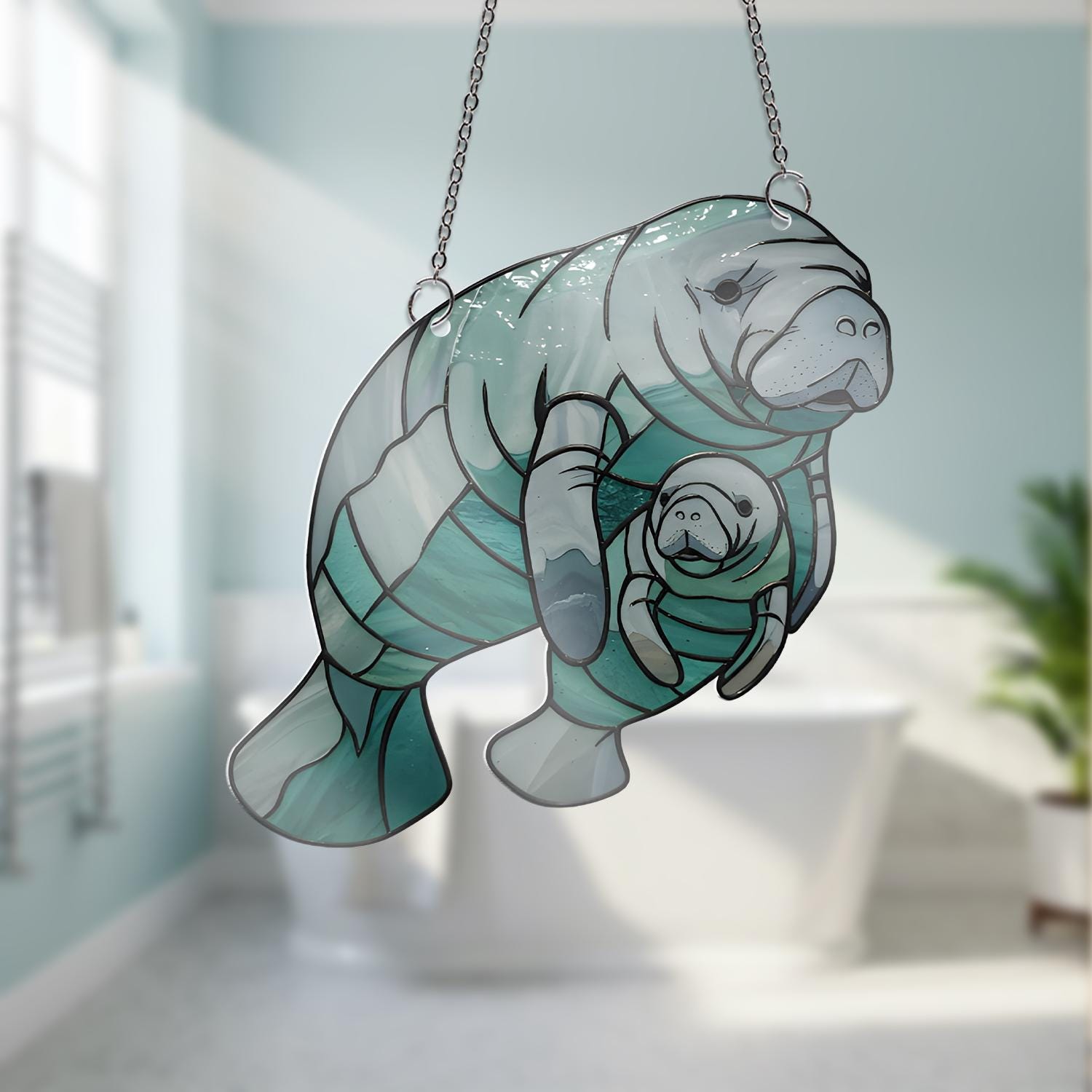 Manatee Mom and Baby Acrylic Window Hanging, Sea Cow Suncatcher, Ocean Animal Decor, Cute Marine Gift, Mother’s Day Gift, Gift For Mom