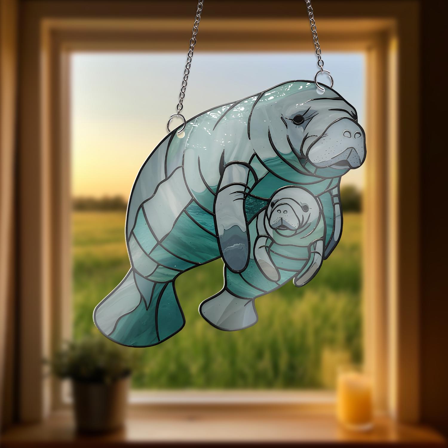Manatee Mom and Baby Acrylic Window Hanging, Sea Cow Suncatcher, Ocean Animal Decor, Cute Marine Gift, Mother’s Day Gift, Gift For Mom