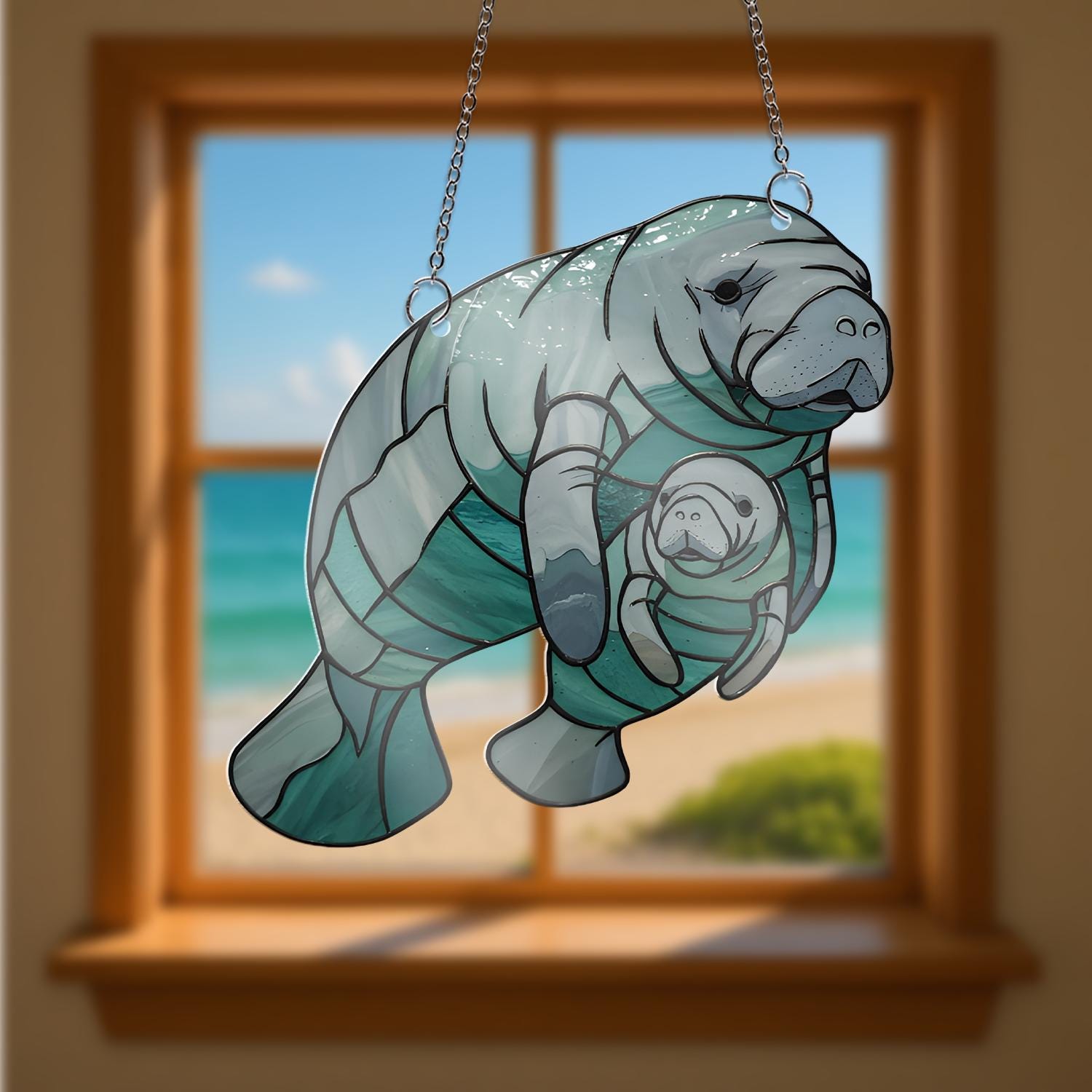 Manatee Mom and Baby Acrylic Window Hanging, Sea Cow Suncatcher, Ocean Animal Decor, Cute Marine Gift, Mother’s Day Gift, Gift For Mom