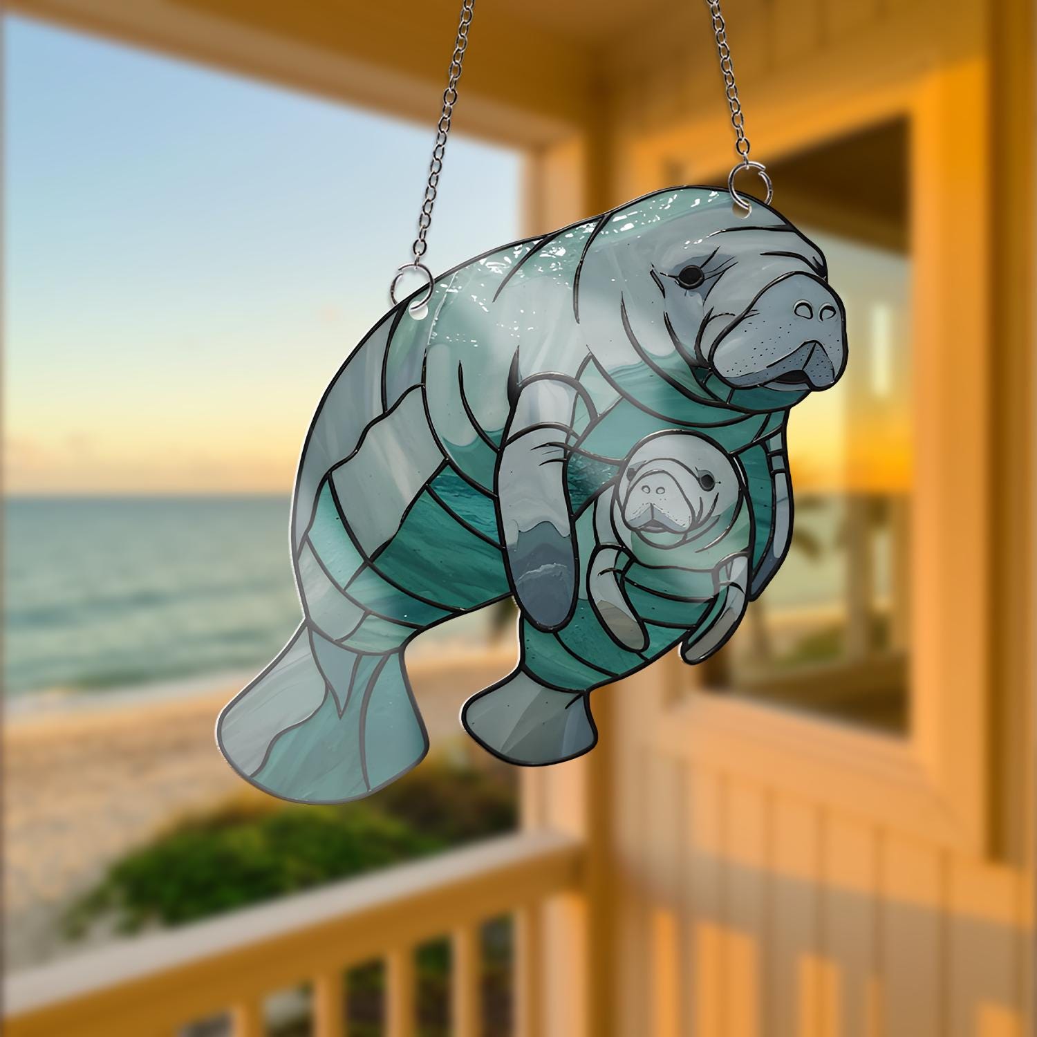 Manatee Mom and Baby Acrylic Window Hanging, Sea Cow Suncatcher, Ocean Animal Decor, Cute Marine Gift, Mother’s Day Gift, Gift For Mom
